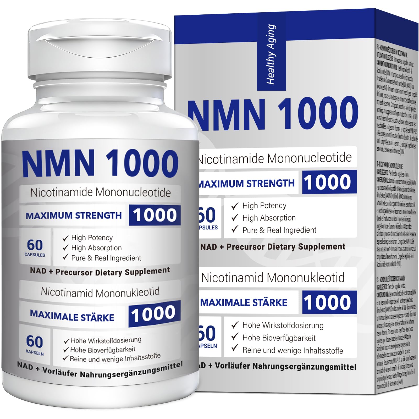 NMN 1000mg Per Serving Maximum Strength - 99% Pure NMN (Nicotinamide Mononucleotide) for NAD, Cell, Immune, Energy, Anti-Aging & Longevity, Stabilized NMN Supplements 1000mg - 60 Veggie Capsules CFUKING uk supplements
