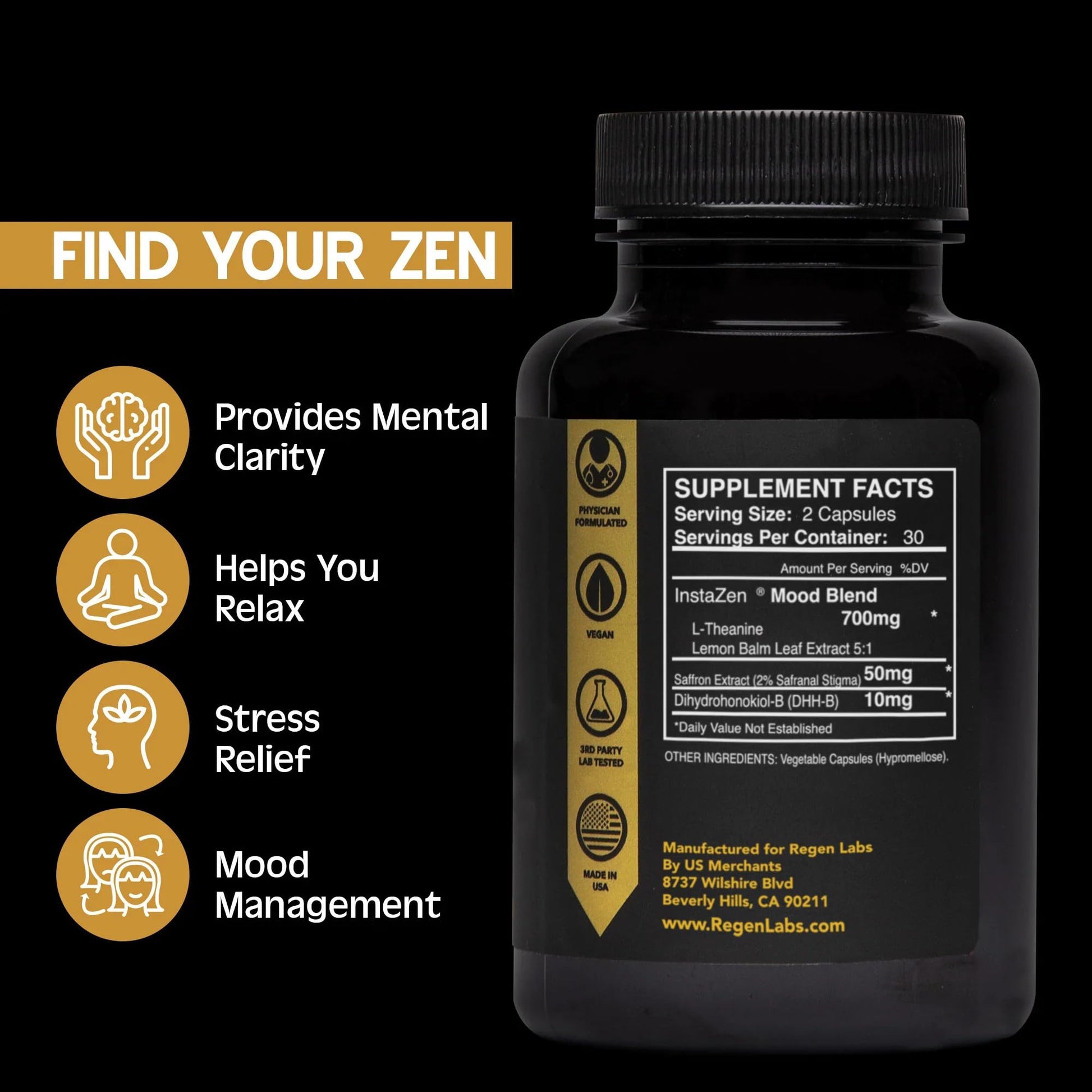 InstaZen Natural Stress Relief Supplement Mood Support | Doctor Formulated Herbal Calm Formula with DHHB, Safranal Extract, L-Theanine, Lemon Balm | Stress Support - 60 Capsules Regen Labs Regen Labs uk supplements