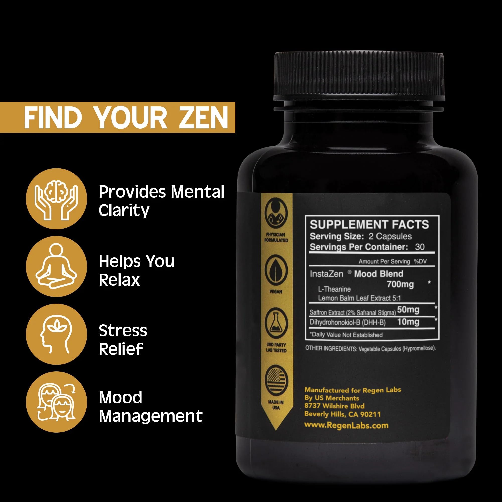 InstaZen Natural Stress Relief Supplement Mood Support | Doctor Formulated Herbal Calm Formula with DHHB, Safranal Extract, L-Theanine, Lemon Balm | Stress Support - 60 Capsules Regen Labs Regen Labs uk supplements
