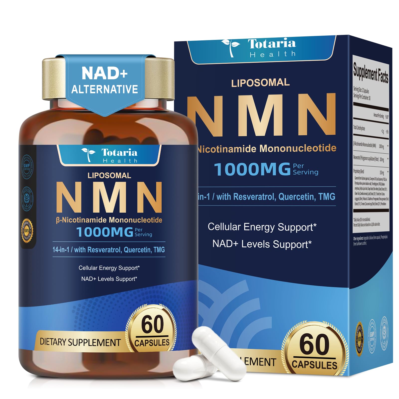 Totaria Liposomal NMN Supplement 1000mg, 14-in-1 NMN Resveratrol Complex with CoQ10, TMG, Quercetin, ALA, PQQ, Support NAD Levels, Cellular Energy & Healthy Aging, 60 Capsules, cGMP, Filler Free Totaria uk supplements