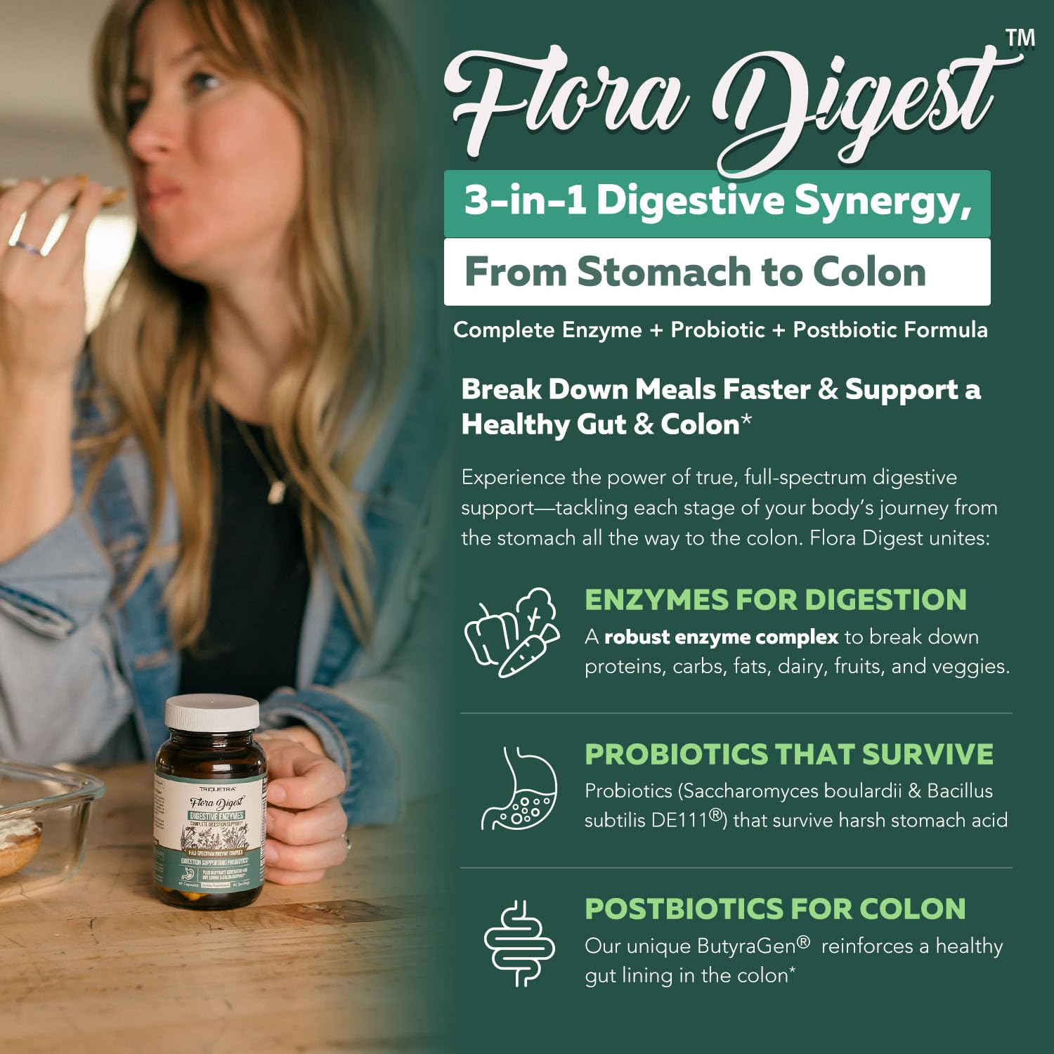Flora Digest - 3-in-1 Max Strength Digestive Enzymes + Gut Surviving Probiotics & ButyraGen® Postbiotic for Optimal Digestion, Bloating Relief, Regularity, Gut Lining & Colon Support - (60 Capsules) Triquetra Health uk supplements