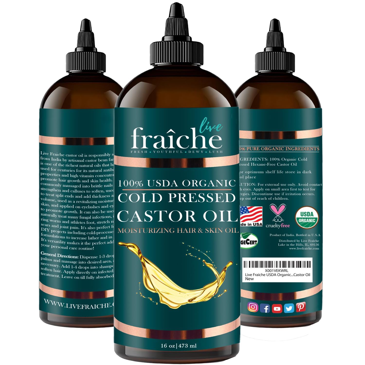 Live Fraiche USDA Organic Cold Pressed Castor Oil (16oz), 100% Pure, Hexane-Free Castor Oil Live Fraiche uk supplements