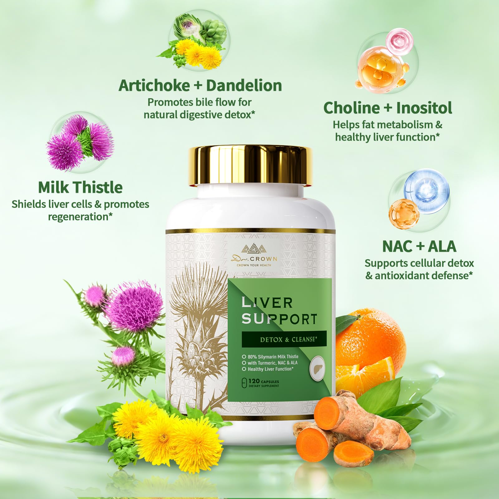 DR. Crown Liver Cleanse Detox & Repair - Milk Thistle Supplement, with Silymarin, N-Acetyl Cysteine(NAC), Artichoke, Turmeric & Dandelion for Liver Detox, Cleanse, Gluten Free, Non-GMO - 120 Capsules DR. CROWN uk supplements