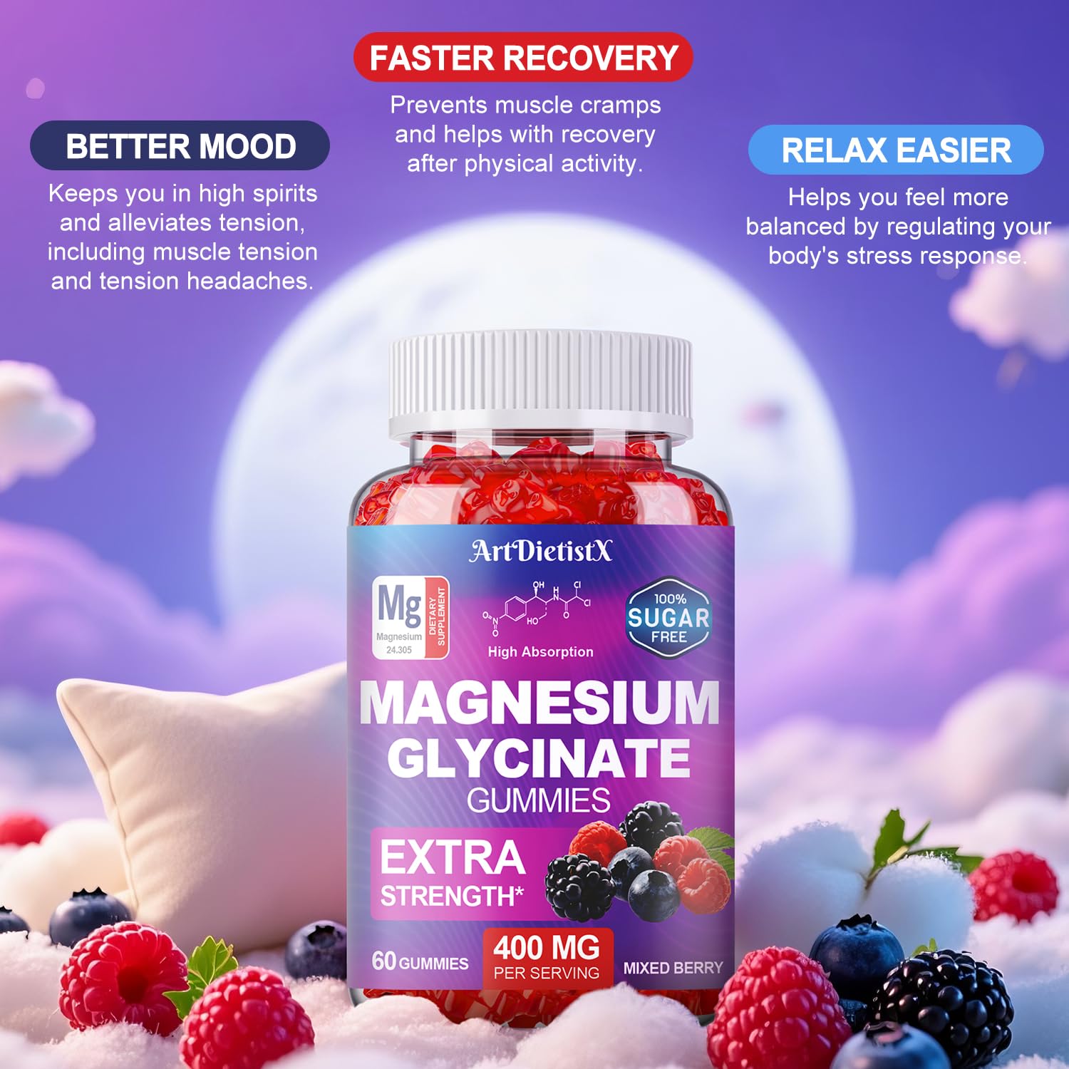 Magnesium Glycinate Gummies 400mg, Sugar Free Mаgnеsium Gummiеs for Adults with Magnesium Malate, Zinc, and Vitamin B6 for Sleep, Body Support and Relaxation, Non GMO, 60 Count-Multi-Flavor ArtDietistX uk supplements
