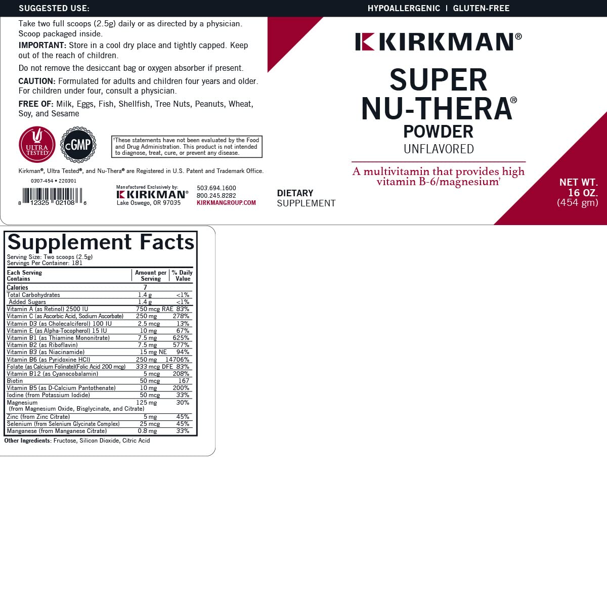 Super Nu-Thera Powder - Hypoallergenic - Unflavored - 16 Ounces Kirkman uk supplements