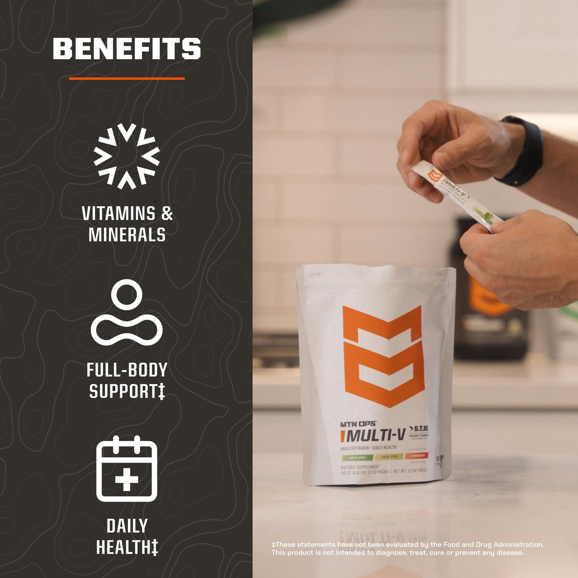 MTN OPS Multi‑V STM On‑the‑Go Daily Multivitamin for Men, Women & Kids – Straight‑to‑Mouth Vitamin C D3 B Zinc Packs – Gluten Free, Natural Flavors, 30 Servings MTN OPS uk supplements