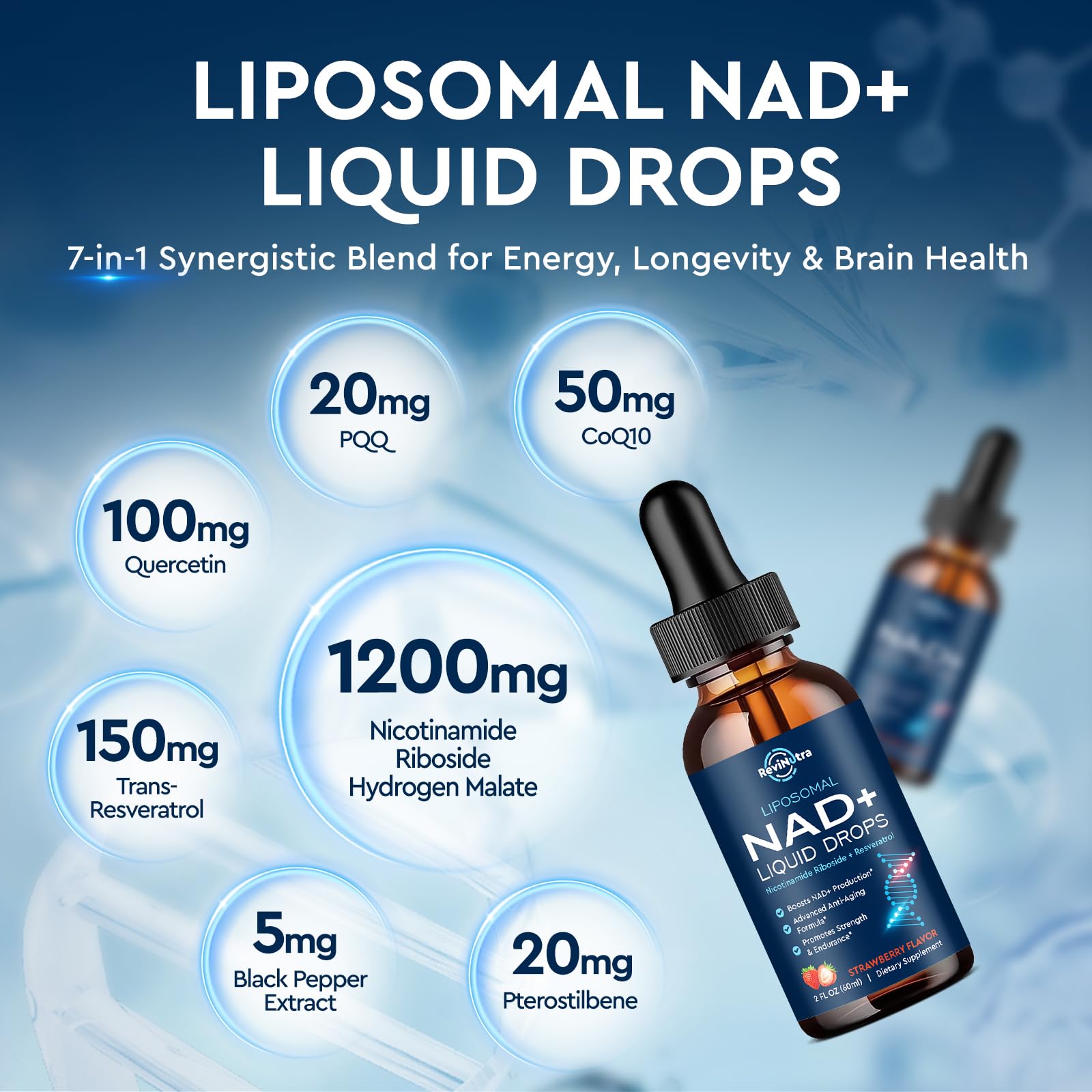 Liposomal NAD+ Liquid Supplement, Nad Resveratrol Supplement for Women & Men, Nicotinamide Riboside with PQQ, CoQ10, Quercetin for Anti-Aging, Brain, Cellular Energy Health, Strawberry Flavor, 2 Fl Oz ReviNutra uk supplements