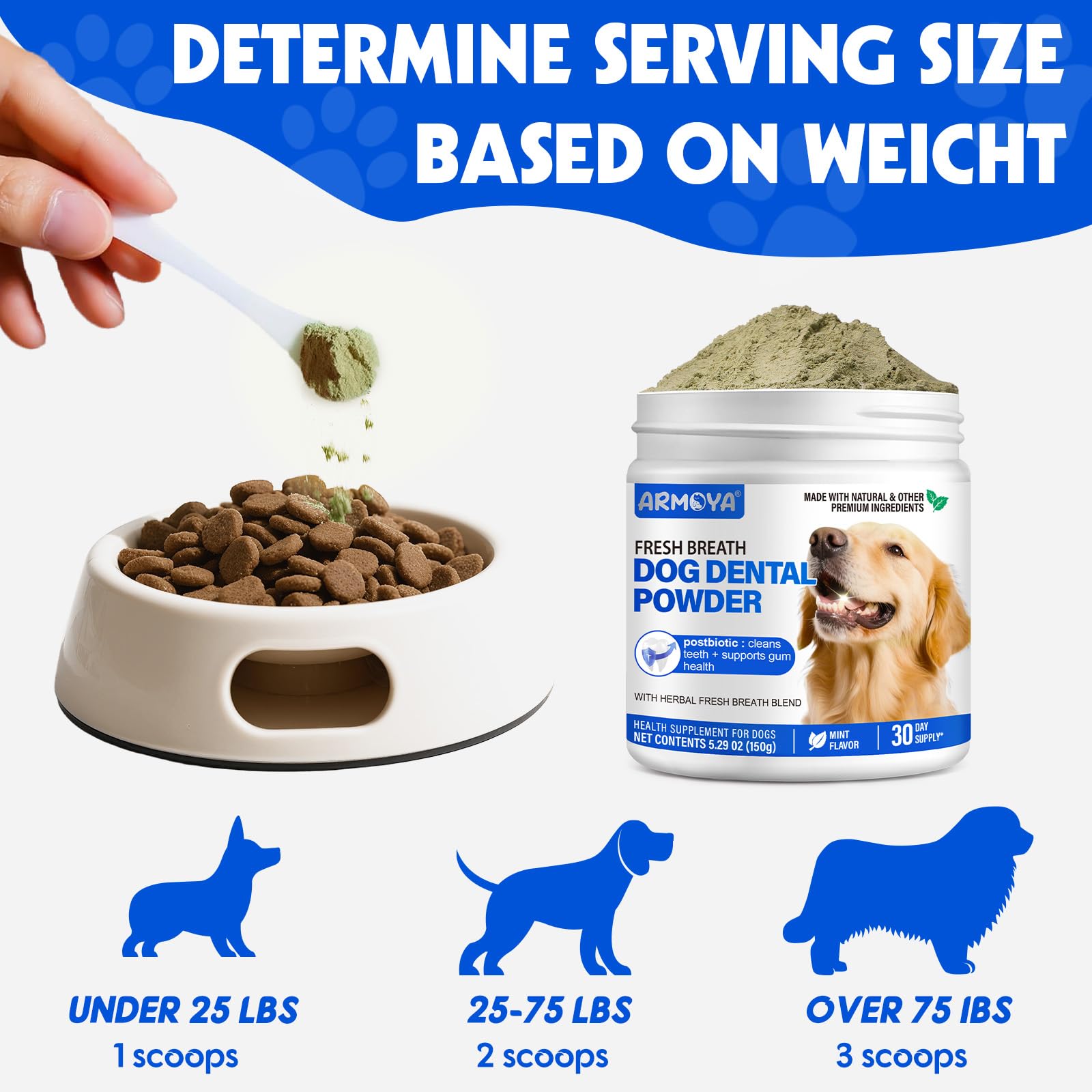Dog Teeth Cleaning Powder - Dental Powder for Dogs Teeth - Plaque Removal - Supports Gum Health - Tartar Remover with Natural Herb Blend and Postbiotics 30 Day Supply - Mint Flavor ARMOYA uk supplements