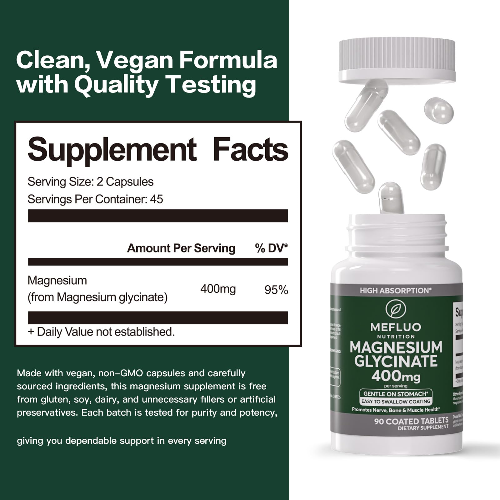 Magnesium Glycinate 400mg – High Absorption Magnesium Supplement for Muscle, Nerve & Sleep Support – Gentle on Stomach, Non-GMO, Vegan Capsules, 90 Count Mefluo uk supplements