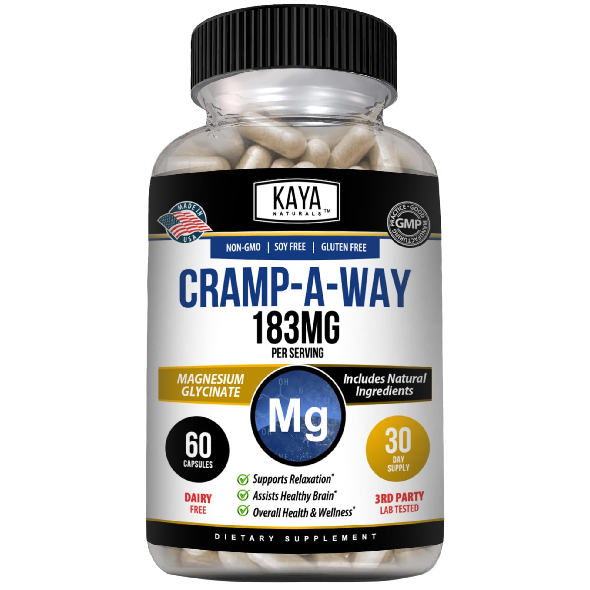 Kaya Naturals Cramp-A-Way Magnesium Glycinate 183mg (60 Count (Pack of 1) Kaya Naturals uk supplements