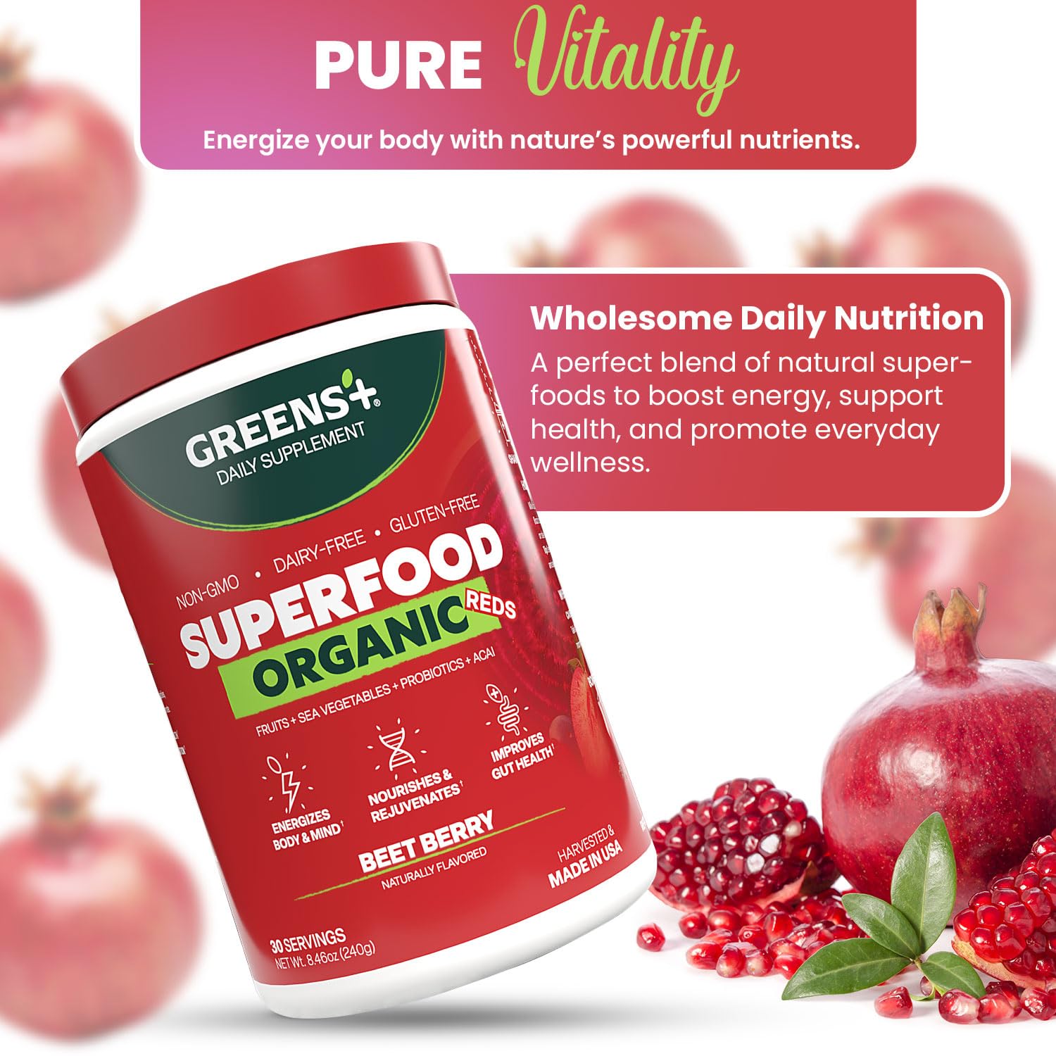 Greens+ Organic Reds Superfood Powder, Antioxidant, Polyphenol, Blend for Morning Kick, Energy, Vitality Boost, Nutrition, Vibrant Health, Vegan Soy/Dairy/Gluten Free(8.46oz) Greens+ uk supplements