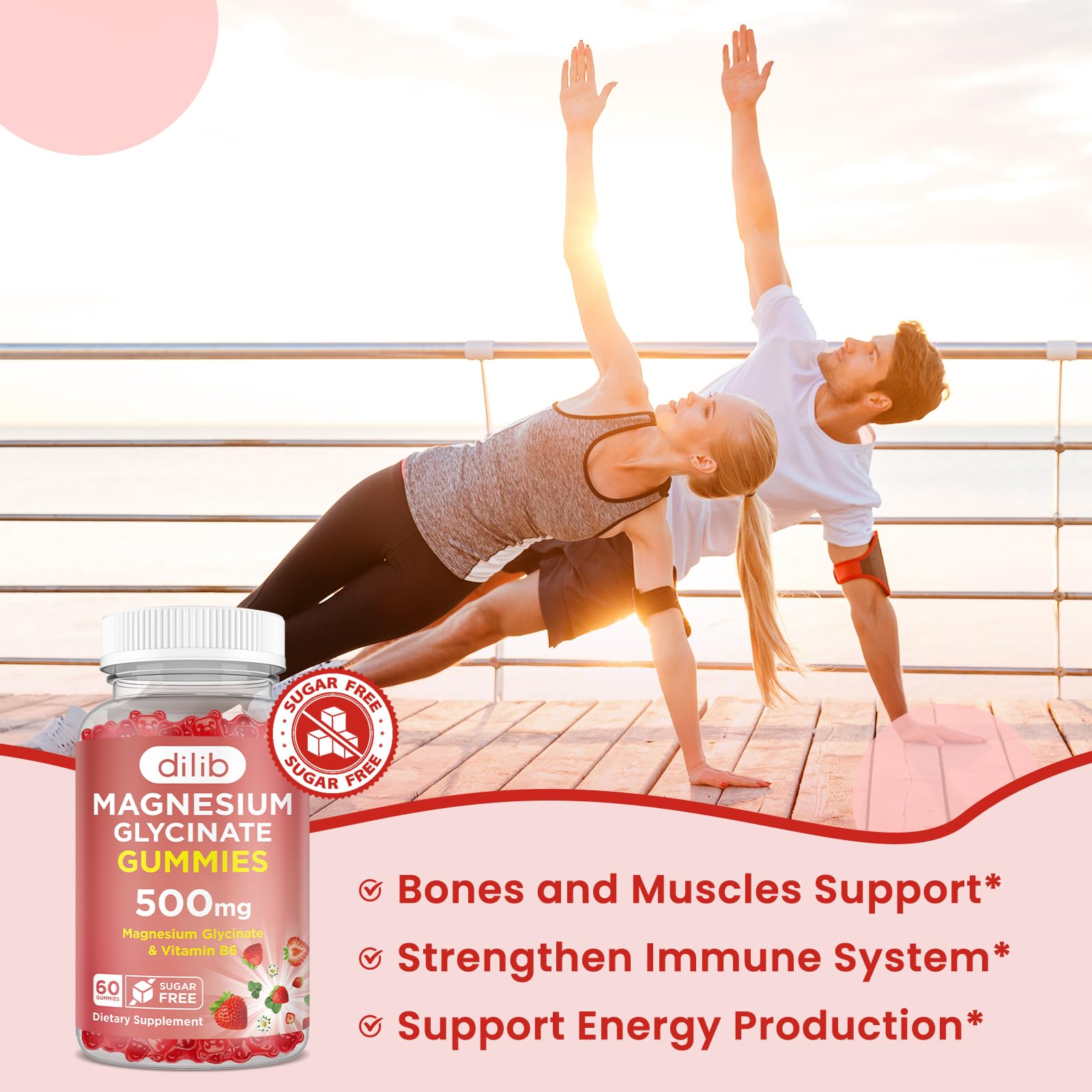 Magnesium Glycinate Gummies 500mg - Magnesium Supplement with Vitamin B6 for Adults & Magnesium for Kids - Calm Magnesium for Sleep, Mood, Muscle Support - Strawberry Flavor, 60 Gummies dilib uk supplements