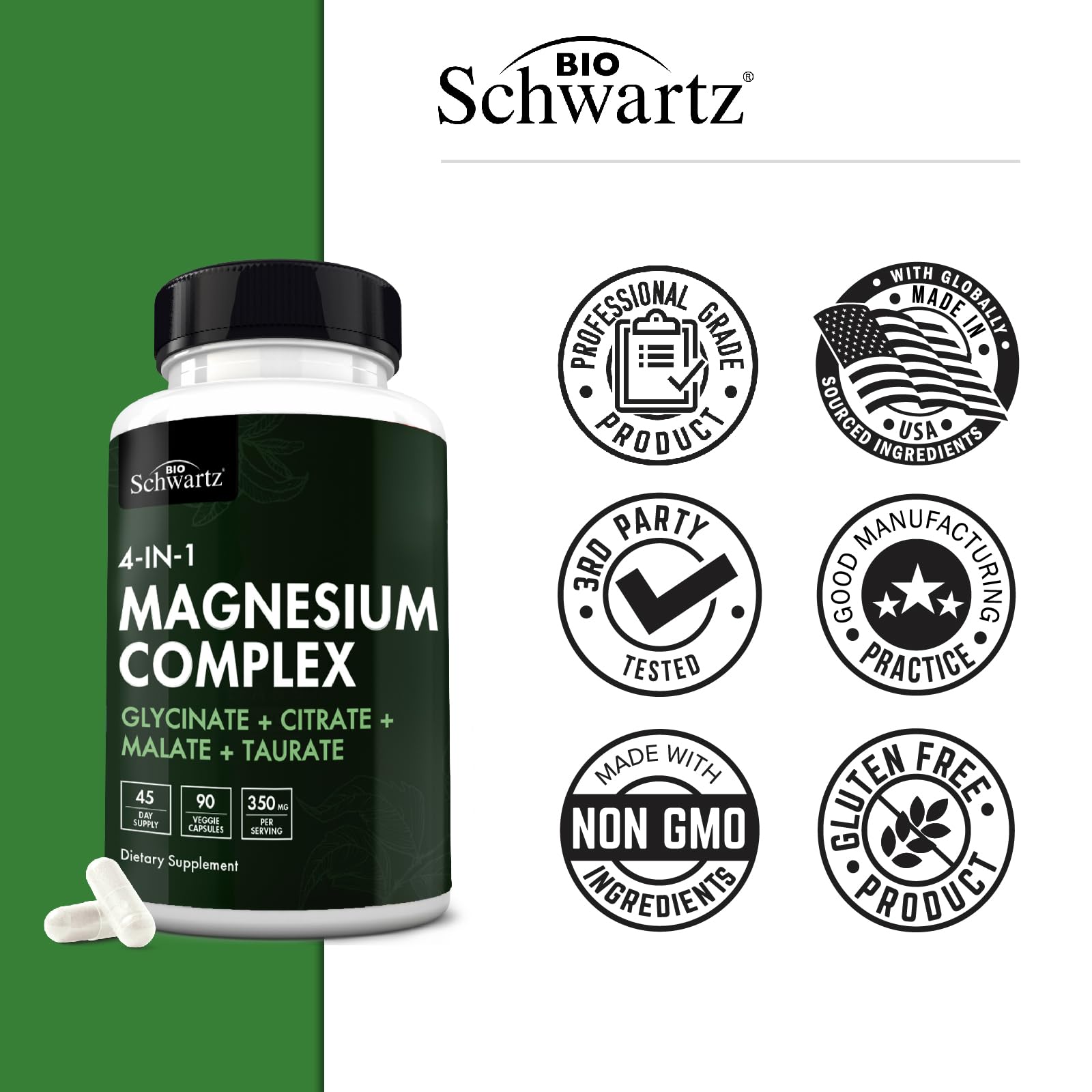 BioSchwartz Magnesium Complex Supplement (90 Capsules) 350mg Magnesium Glycinate Citrate Malate and Taurate Per Serving for Healthy Nerves Muscles Heart Sleep Support (Vegan, Gluten-Free, Non-GMO) BioSchwartz uk supplements