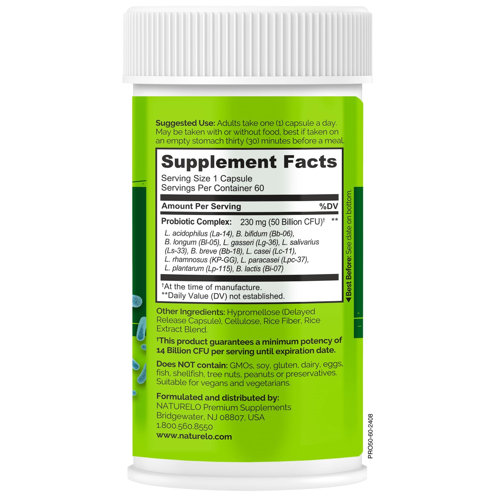 NATURELO Probiotics for Digestive Health, 50 Billion CFU, 60 Vegetarian Capsules, 11 Strains, Daily Use Supplement, Delayed Release, No-Fridge, Boosts Immune System, Probiotics for Women & Men NATURELO uk supplements