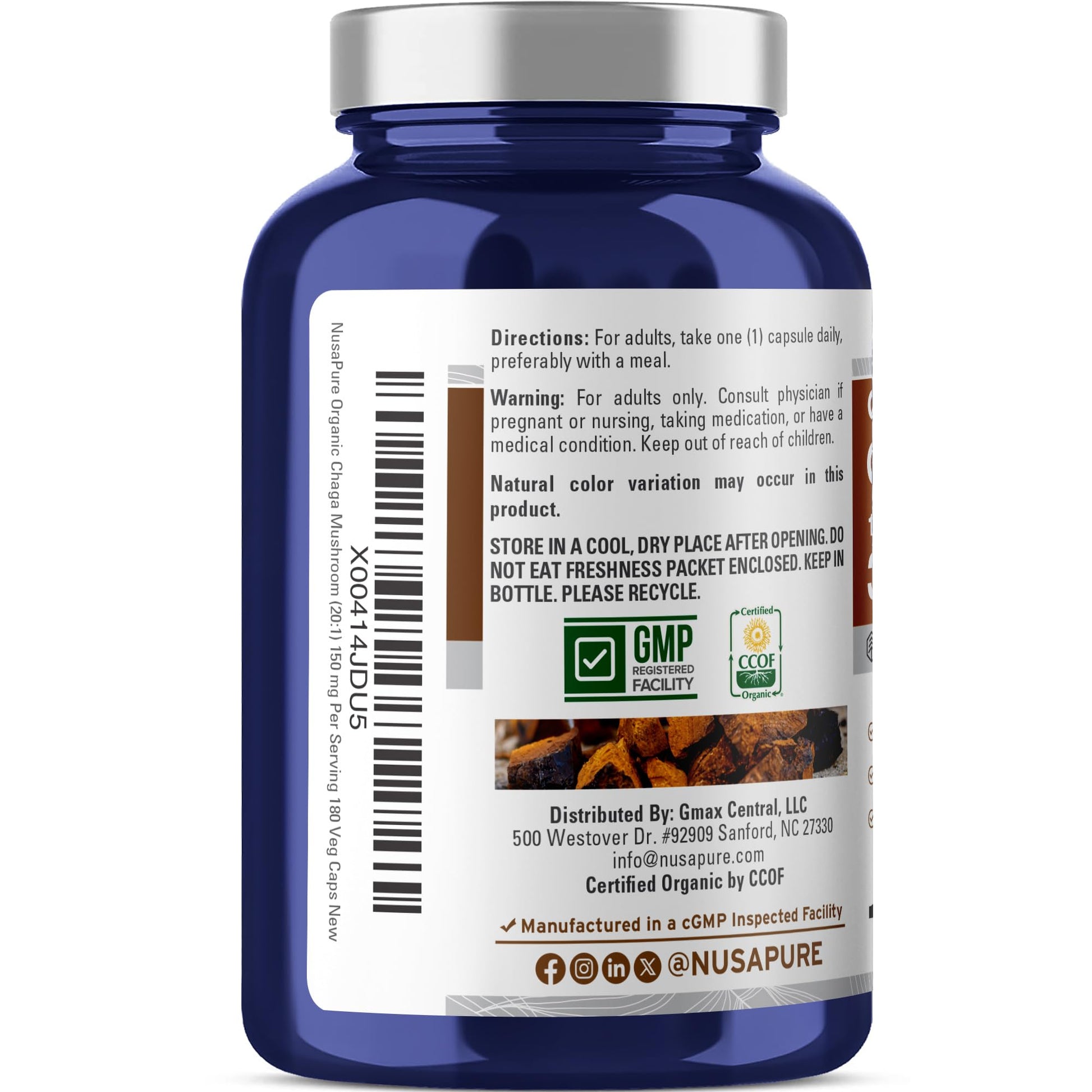 NusaPure Chaga Mushroom 20:1 Extract, 150 mg Equivalent to 3,000mg per Veggie Capsule, 180 Count, USDA Organic, Vegan, Non-GMO NusaPure uk supplements