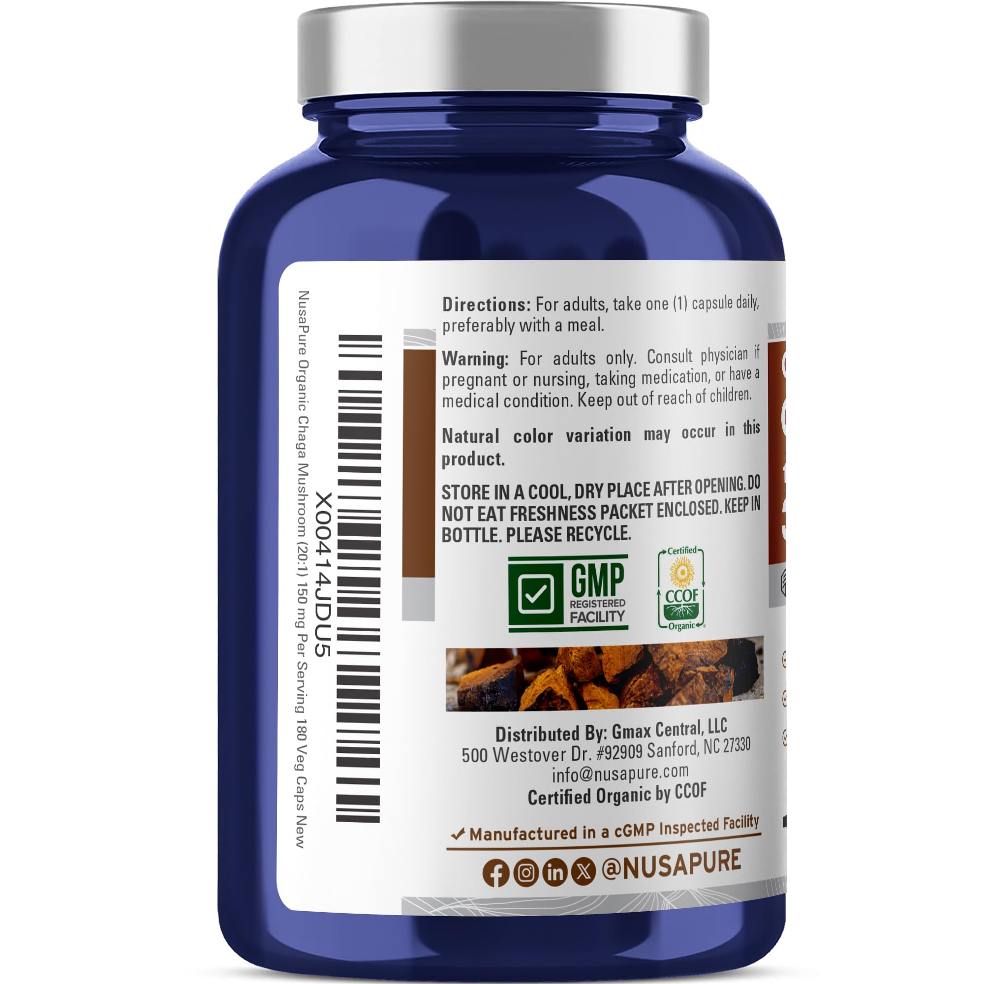 NusaPure Chaga Mushroom 20:1 Extract, 150 mg Equivalent to 3,000mg per Veggie Capsule, 180 Count, USDA Organic, Vegan, Non-GMO NusaPure uk supplements