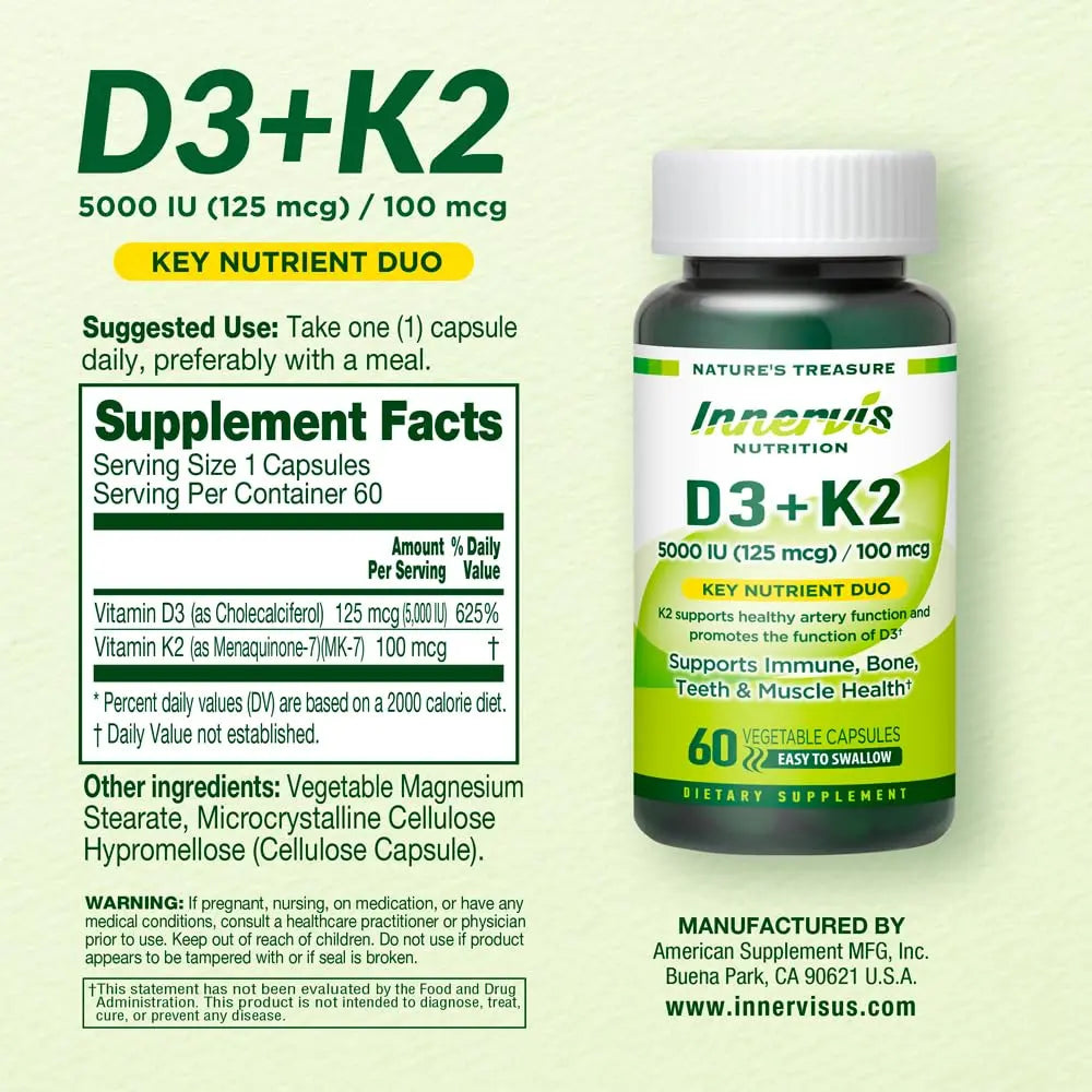 INNERVISNUTRITION Vitamin D3 5000 IU + K2 MK-7 100mcg – Bone, Heart & Immune Support, Easy to Swallow, 60 Capsules INNERVISNUTRITION uk supplements
