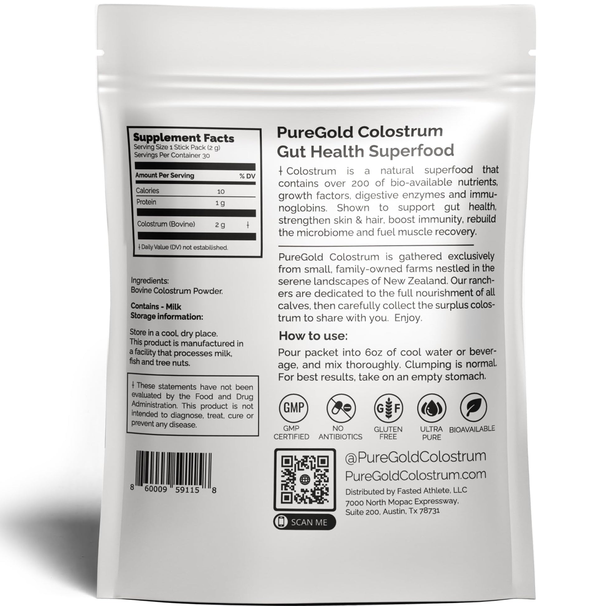 PureGold - Bovine Colostrum Powder - 100% Pure New Zealand Grass Fed, Supports Gut Health, Skin, Hair, & Immunity – Colostrum Supplement, Unflavored, 30 Travel Packets Fasted Athlete uk supplements