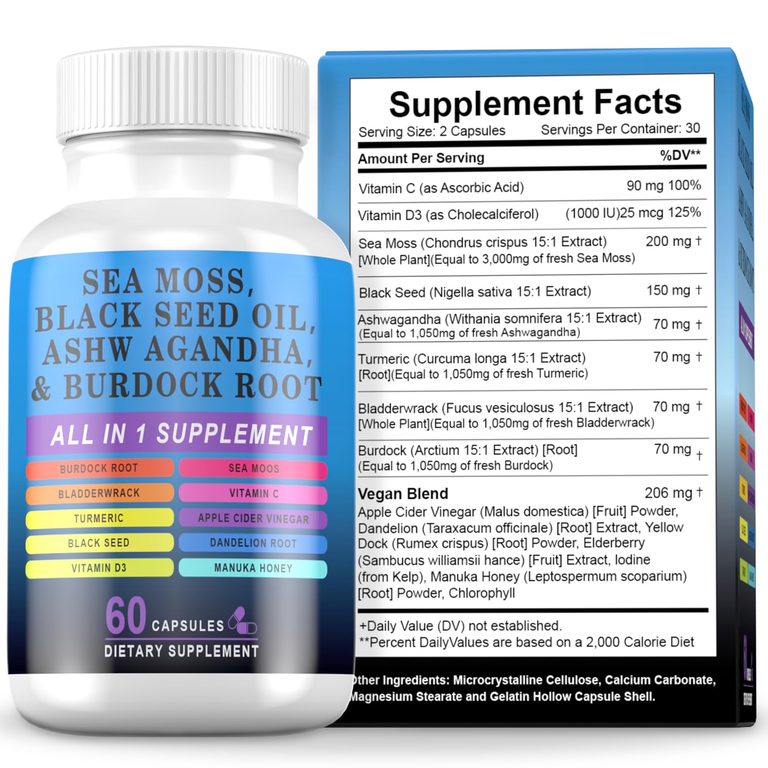 Pyzor Sea Moss Black Seed Oil Ashwagandha Turmeric Bladderwrack Burdock, Elderberry Manuka Dandelion, Burdock Root Turmeric Vitamin D3 Chlorophyll - 60 Capsules Pyzor uk supplements