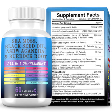 Pyzor Sea Moss Black Seed Oil Ashwagandha Turmeric Bladderwrack Burdock, Elderberry Manuka Dandelion, Burdock Root Turmeric Vitamin D3 Chlorophyll - 60 Capsules Pyzor uk supplements