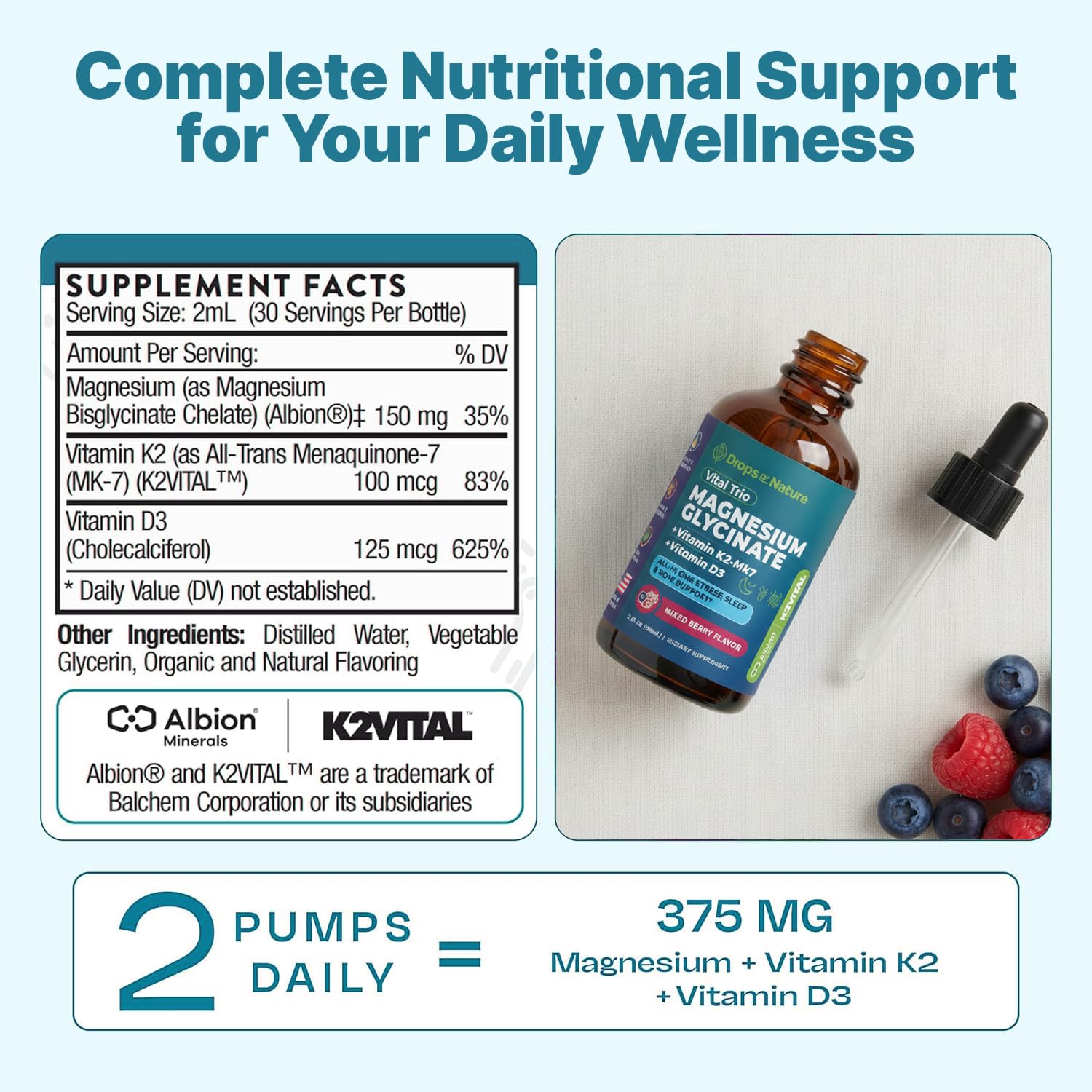 Magnesium Glycinate, Vitamin K2 & D3 Supplement – GMO-Free – VIT D MK7 K2 Vitamin Supplement & Magnesium Blend – with Nutrients for Bone Nutrition & Cardiovascular Function (Mixed Berry, 60 mL) Drops Of Nature uk supplements