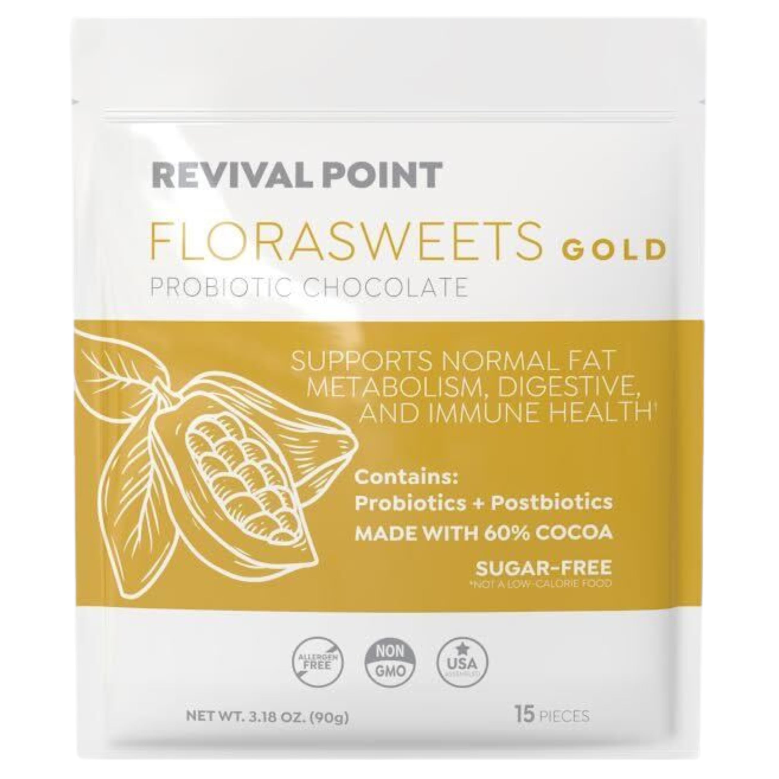 Revival Point Florasweets Gold Chocolate Bites with Probiotic + Postbiotic Stains DE111 & BPL1 - Indivally Wrapped - Supports Digestive & Gut Health Bacillus subtilis (1) Revival Point uk supplements