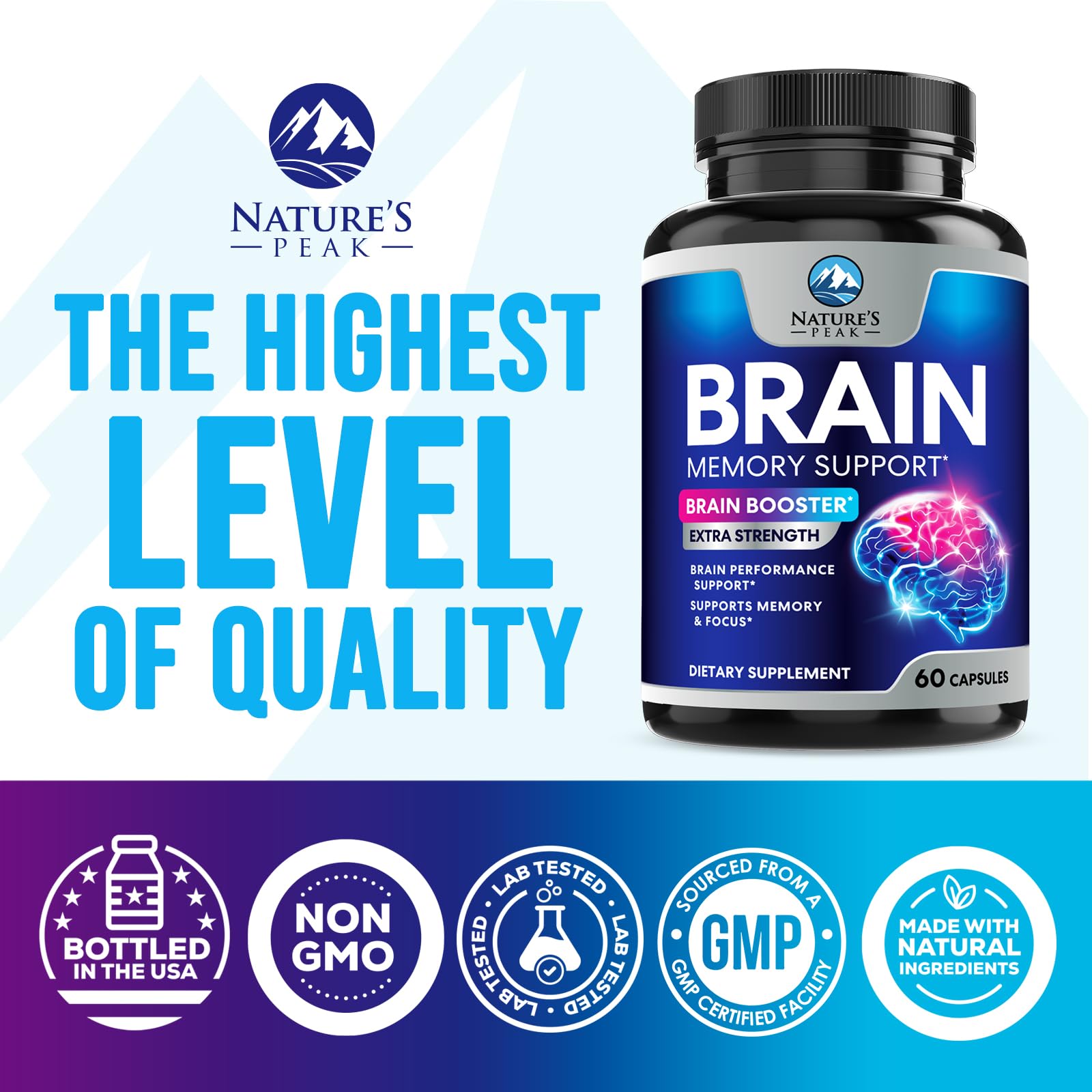 Brain Memory Supplement - 3X Strength Nootropics for Concentration, Clarity & Focus Support - Brain Health Cognitive Vitamins with Bacopa, Phosphatidylserine & DMAE, Brain Booster Pills, 60 Capsules Nature's Peak uk supplements