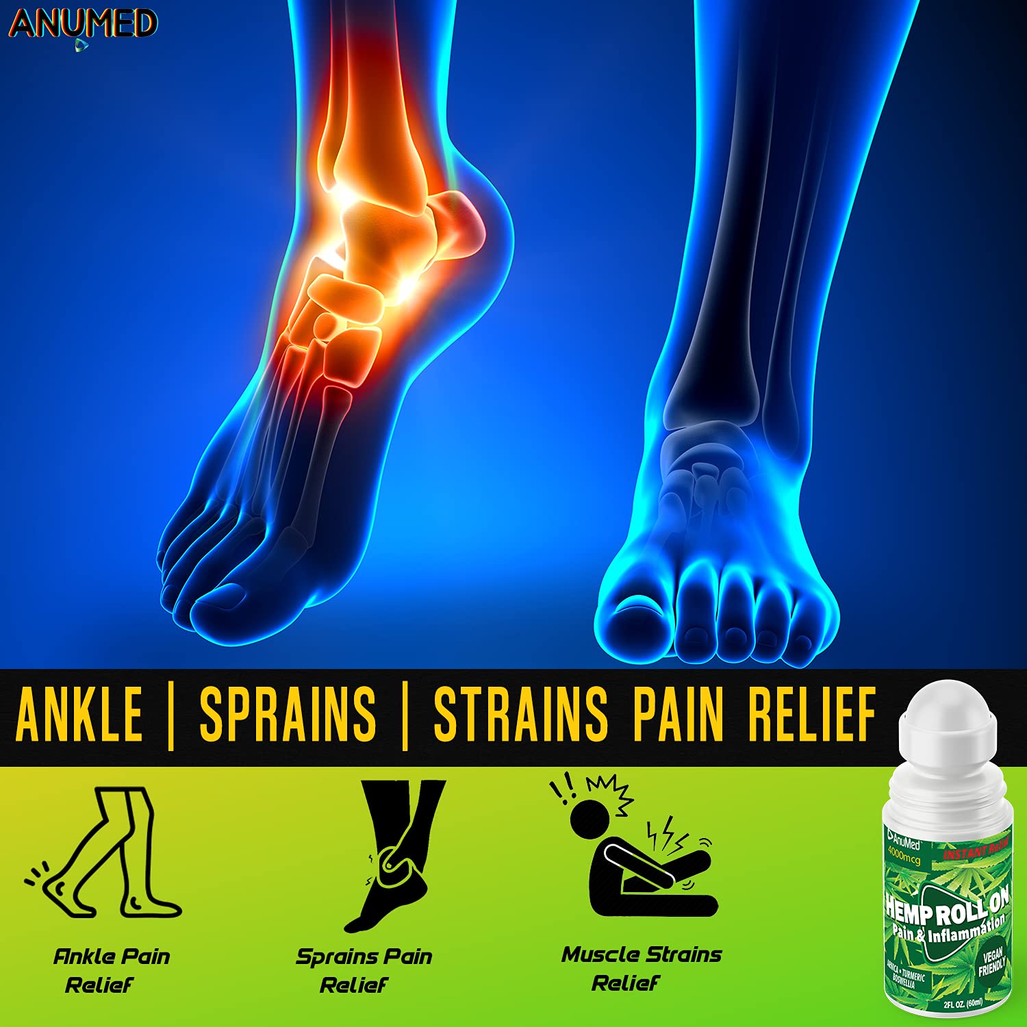 ANUMED Hemp Roll-On 4000mg Pain Relief. Fast Acting, Long Lasting, Maximum Strength with Arnica + Turmeric for Anti-Inflammatory, Natural Recovery, Joint, Muscle, Nerve Pain Reliever 2 Packs of (1oz) AnuMed International uk supplements
