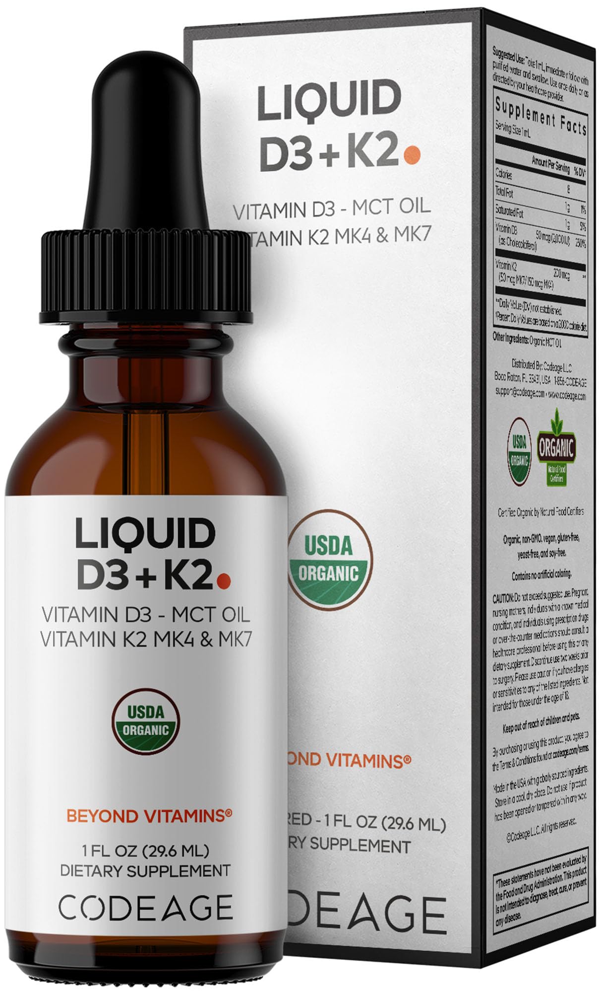 Codeage Liquid D3+K2 Vitamins USDA Organic - Vitamin D3 2000 IU, Vitamin K2 (MK4 & MK7) Liquid Drops - Immune Support - Unflavored - Organic MCT Oil - Non-GMO - 1 fl oz Codeage uk supplements