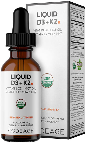Codeage Liquid D3+K2 Vitamins USDA Organic - Vitamin D3 2000 IU, Vitamin K2 (MK4 & MK7) Liquid Drops - Immune Support - Unflavored - Organic MCT Oil - Non-GMO - 1 fl oz Codeage uk supplements