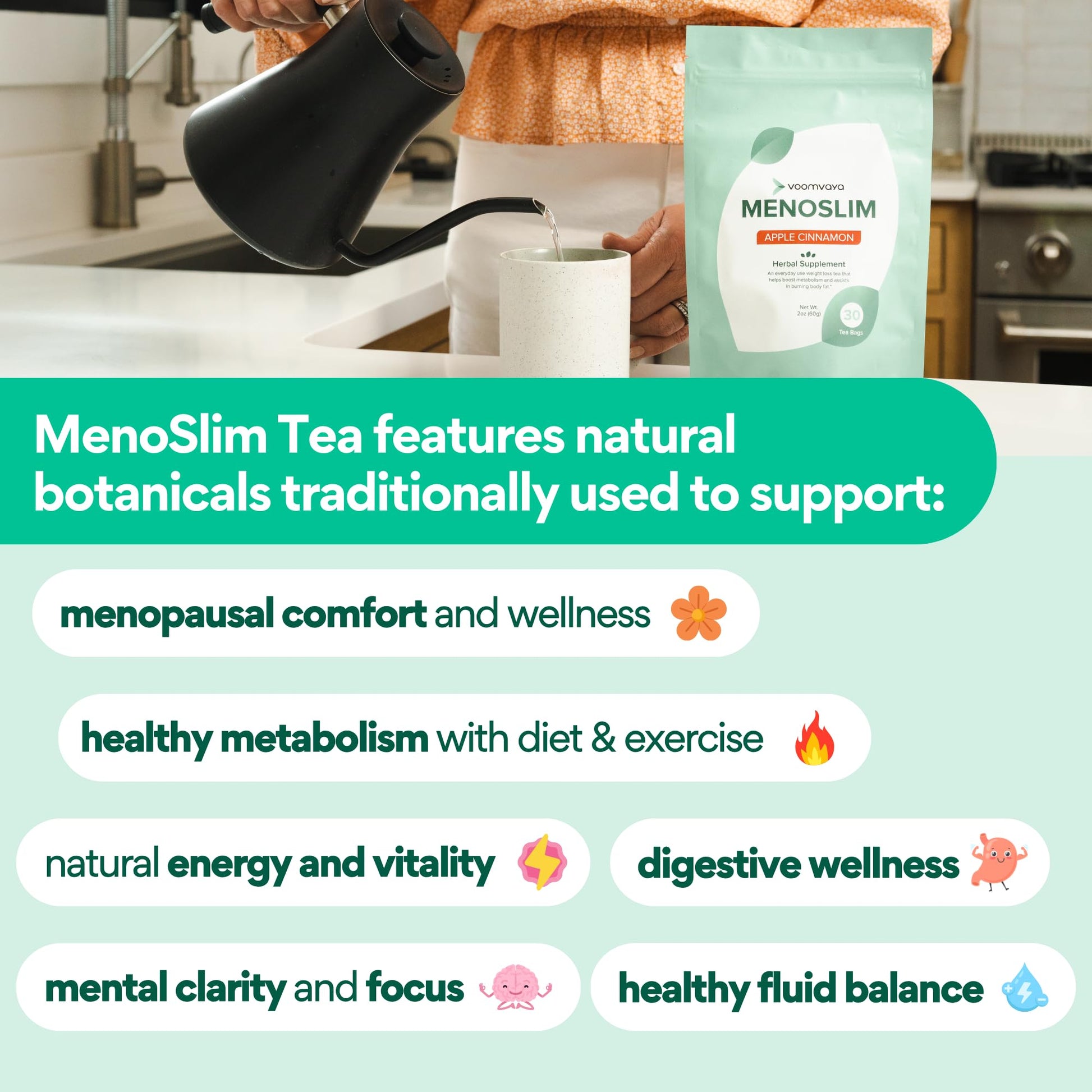 VoomVaya MenoSlim Tea – Menopause & Perimenopause Supplement for Women – Supports Healthy Metabolism & Overall Wellness – Acai Berry Flavor – 30 Tea Bags VoomVaya uk supplements