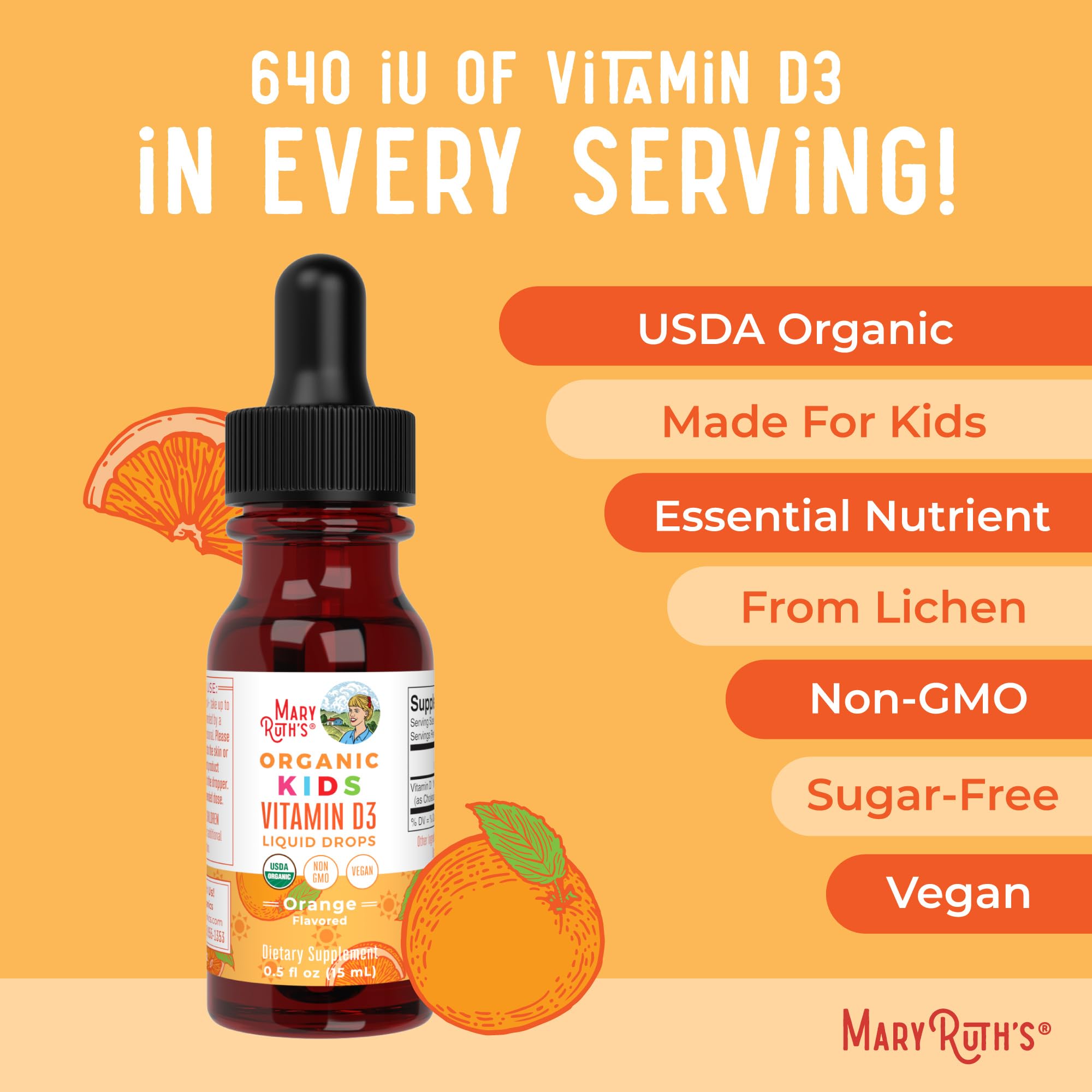 MaryRuth Organics USDA Organic Vitamin D3 Liquid Drops for Kids | 640 IU Vitamin D3 Per Serving | Kids Immune Support & Bone Health Supplement | Formulated for Ages 4-13 | 0.5oz | 30 Servings MARYRUTH'S uk supplements