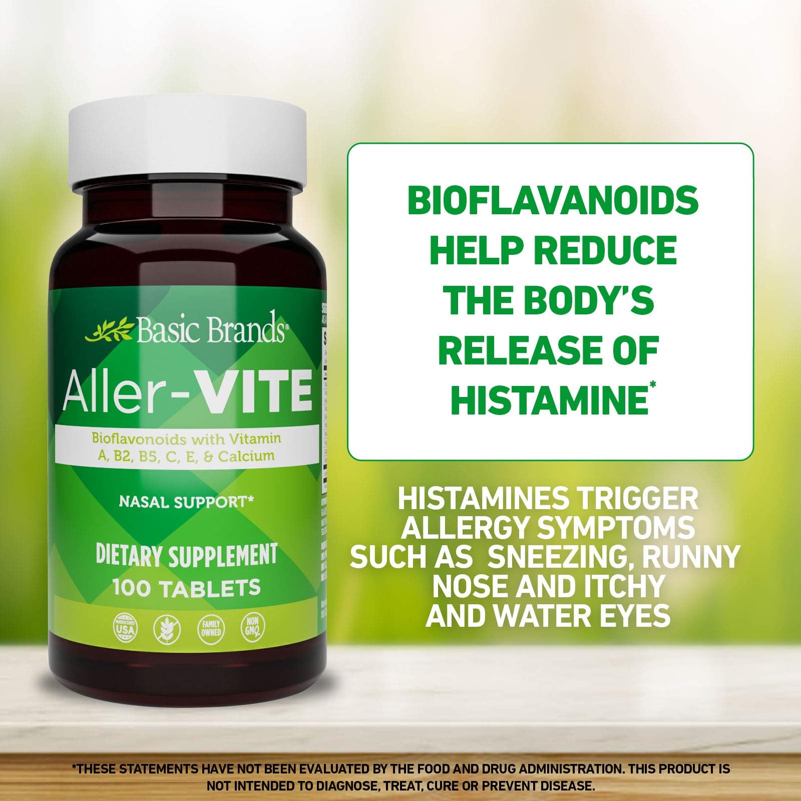 Basic Brands Aller Vite Nasal Support Tablets for Seasonal Allergy Relief, High Bioflavonoid Complex with Vitamins and Calcium, Gluten Free Daily Supplement, 100 Tablets Basic Brands uk supplements