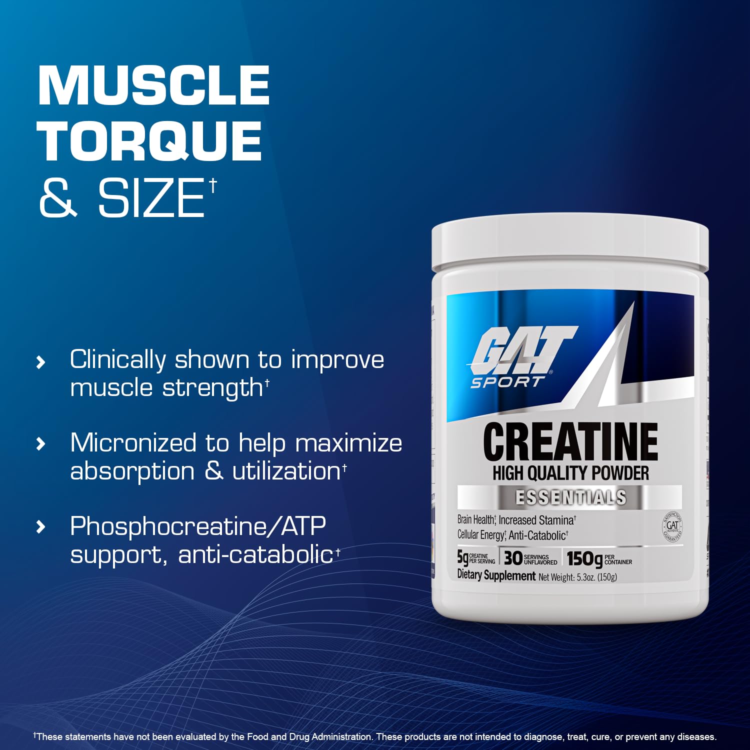 GAT SPORT Creatine Monohydrate Powder, 150 Grams, Strength, Brain Health, GLP1 Support Anti-oxidant, Endurance, for Men & Women, 1 Month Supply, Unflavored (30 Servings) GAT SPORT uk supplements