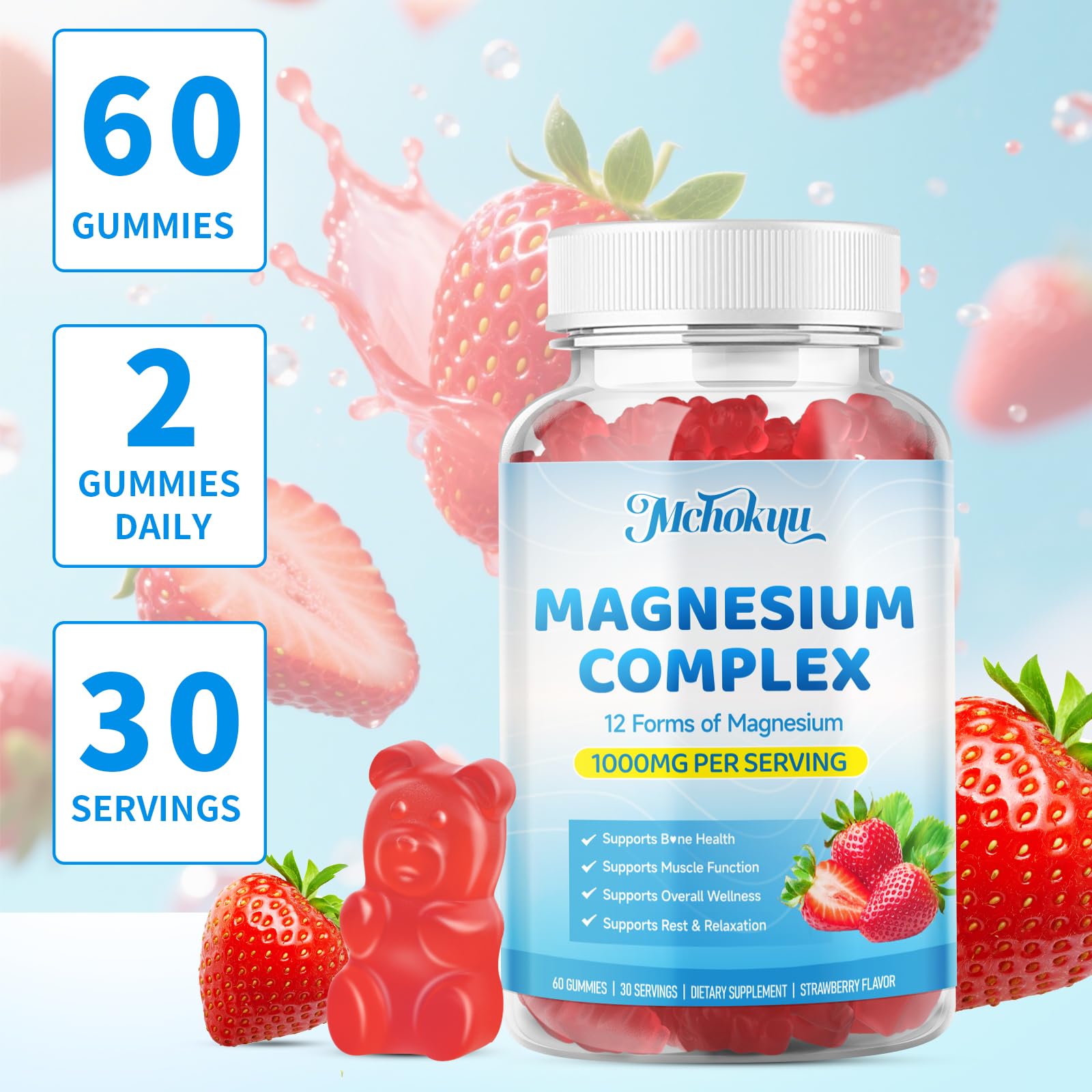 Magnesium Complex Gummies 1000mg | 12-in-1 Magnesium Complex Supplement with Glycinate, Citrate, Malate & Taurate Supports Muscle Function, Bone Health, Rest & Relaxation – Strawberry Flavor, 60 Count Mchokuu uk supplements