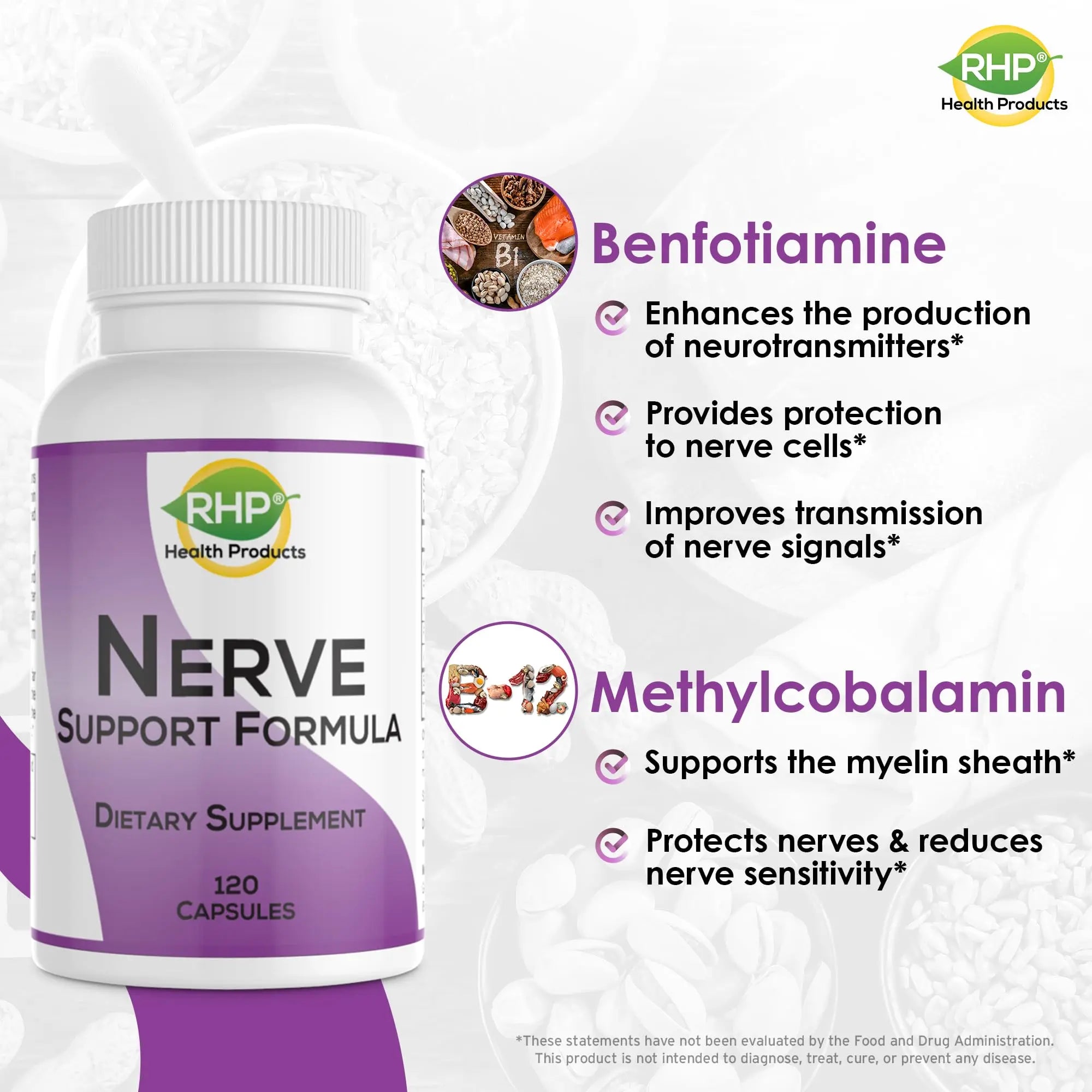RHP Nerve Support Formula. Nutritional Support of Neuropathy, Nerve Relief from Aches, Nerve Pain & Discomfort. B-Complex with Benfotiamine and Methyl B12. 120 Capsules RHP uk supplements