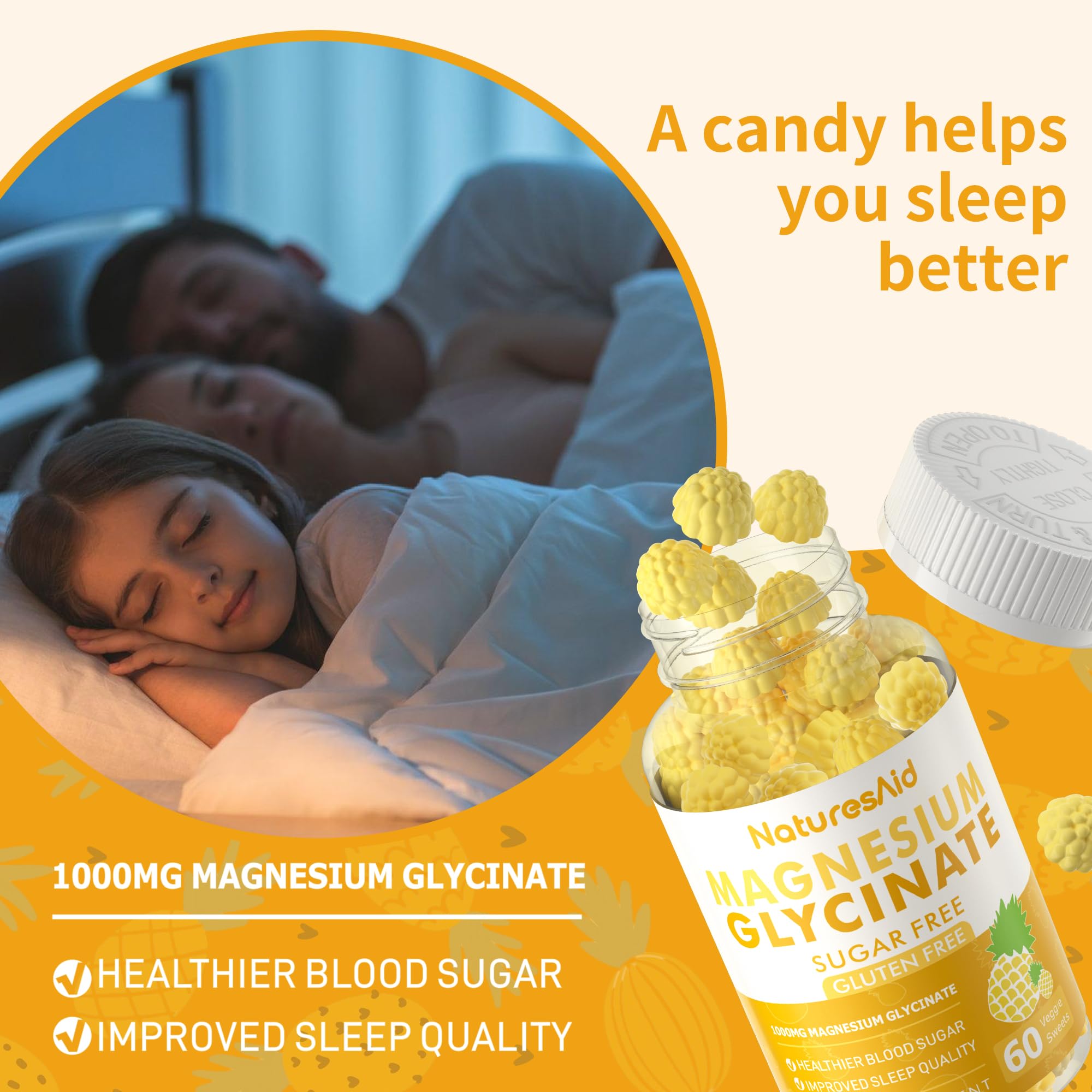Magnesium Glycinate Gummies 1000mg - Sugar Free Magnesium Potassium Supplement with Vitamin D, B6, CoQ10 for Calm Mood & Sleep Support - 60 Pineapple Gummies -1 Pack Natures Aid uk supplements