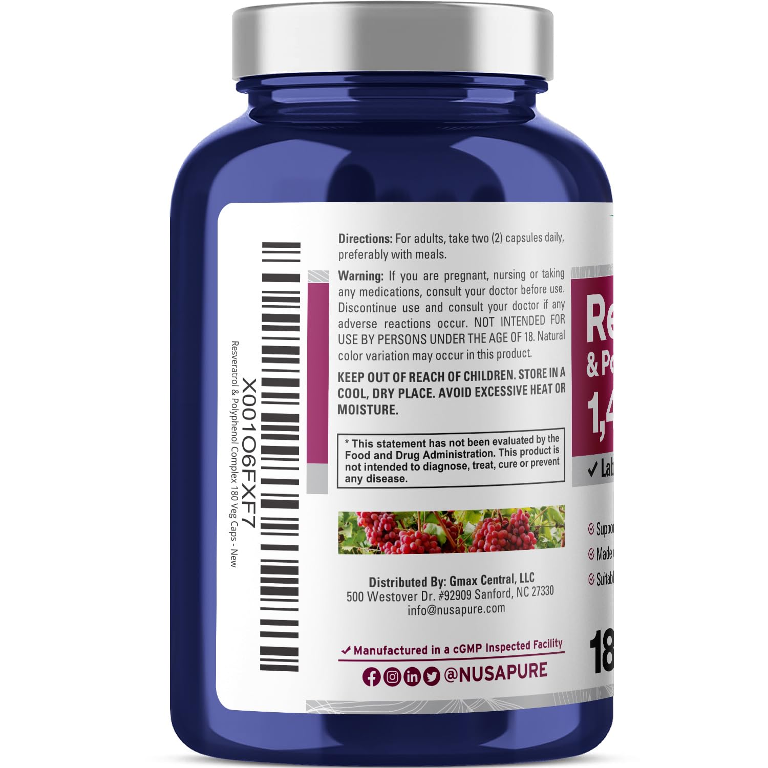 NusaPure Resveratrol & Polyphenol Complex 1450mg 180 Vegetarian Caps (Non-GMO, Vegan) Vitamin C NusaPure uk supplements