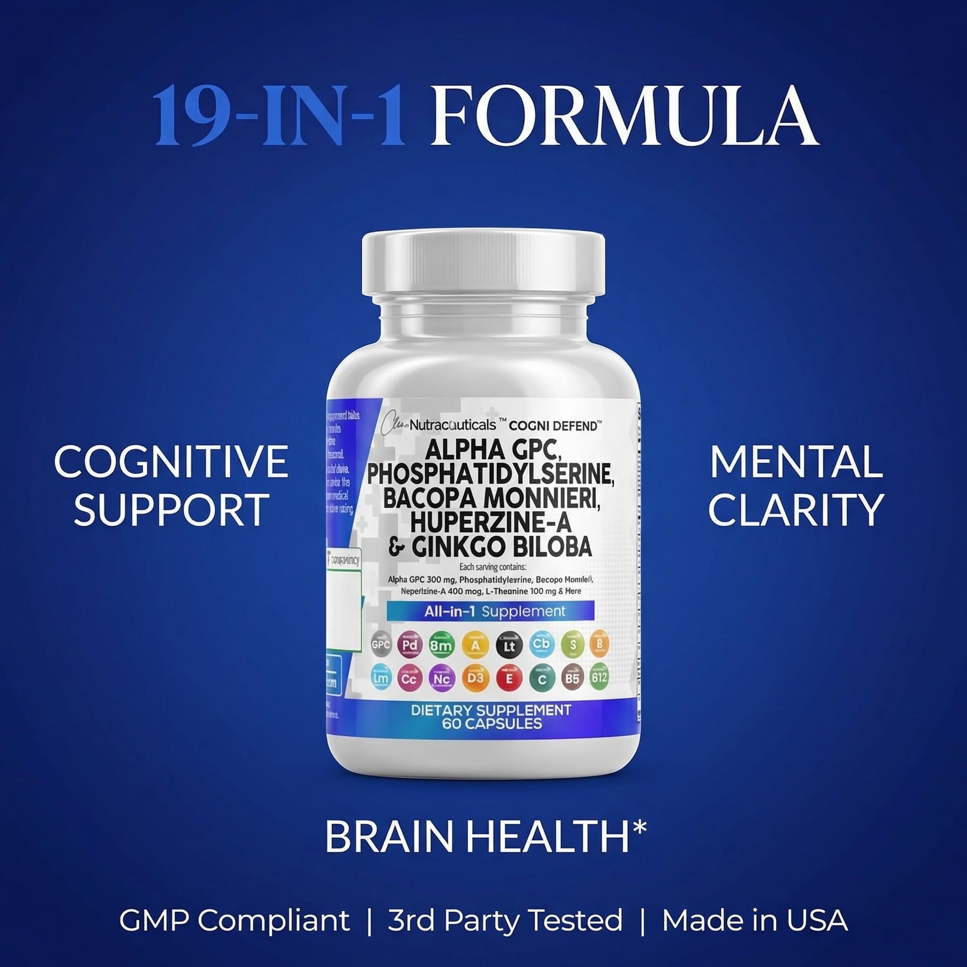 Brain Supplement Alpha GPC 300mg Phosphatidylserine Bacopa Monnieri Ginkgo Biloba Lions Mane Huperzine A L-Theanine NAC Nootropic Memory Focus Cognitive Support Vitamins B C D E 60 Capsules USA Clean Nutraceuticals uk supplements
