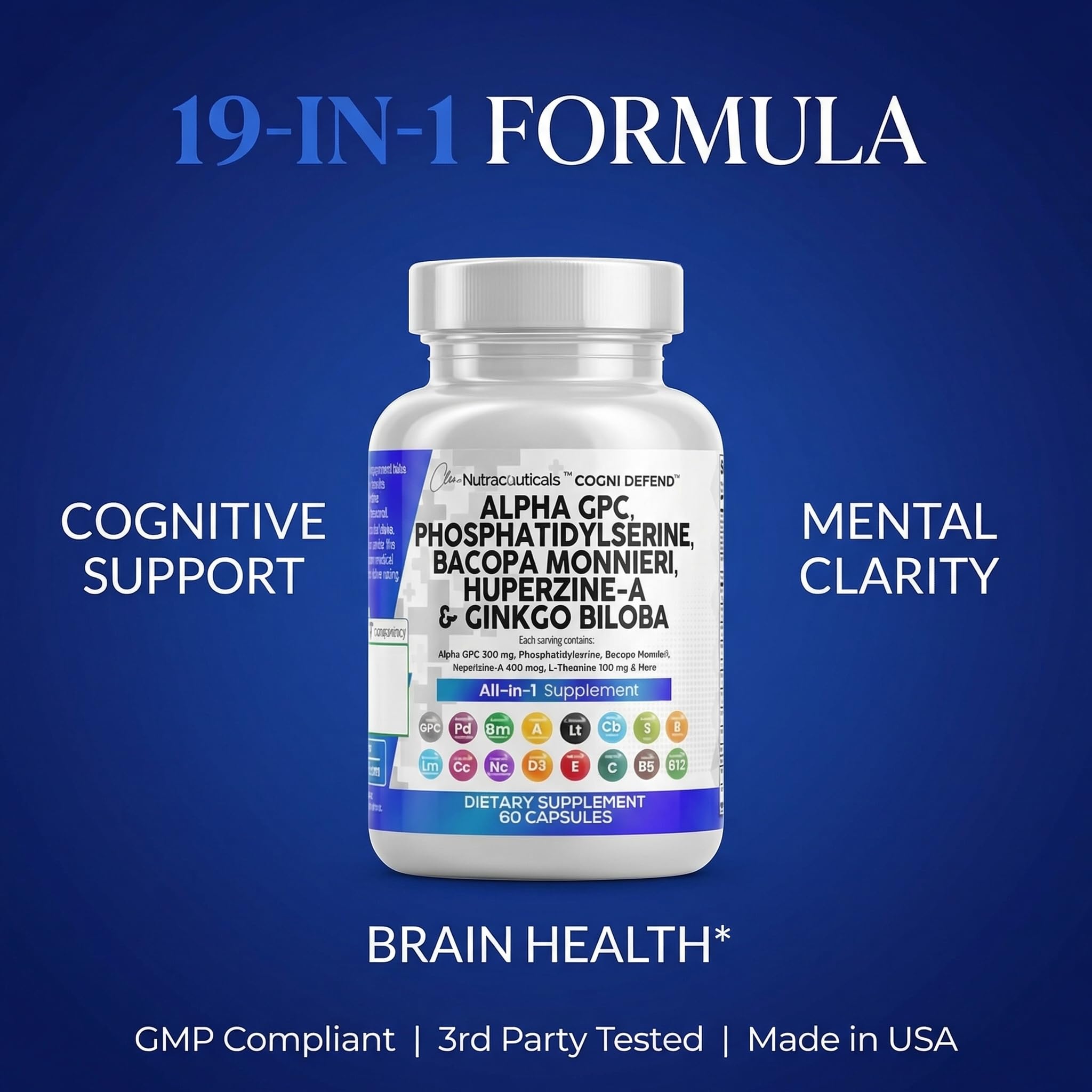 Brain Supplement Alpha GPC 300mg Phosphatidylserine Bacopa Monnieri Ginkgo Biloba Lions Mane Huperzine A L-Theanine NAC Nootropic Memory Focus Cognitive Support Vitamins B C D E 60 Capsules USA Clean Nutraceuticals uk supplements