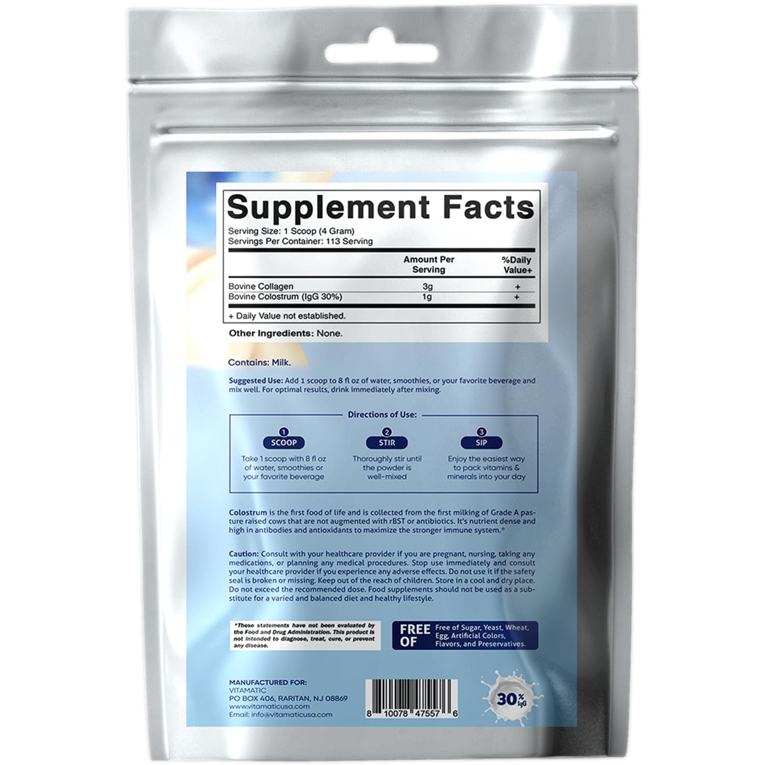 Vitamatic Bovine Colostrum + Collagen Powder - Supplement for Gut Health, Hair Growth, Beauty, Muscle Recovery, & Immune Support - Easy to Mix - Unflavored - 454 Gram, (16 oz) Vitamatic uk supplements