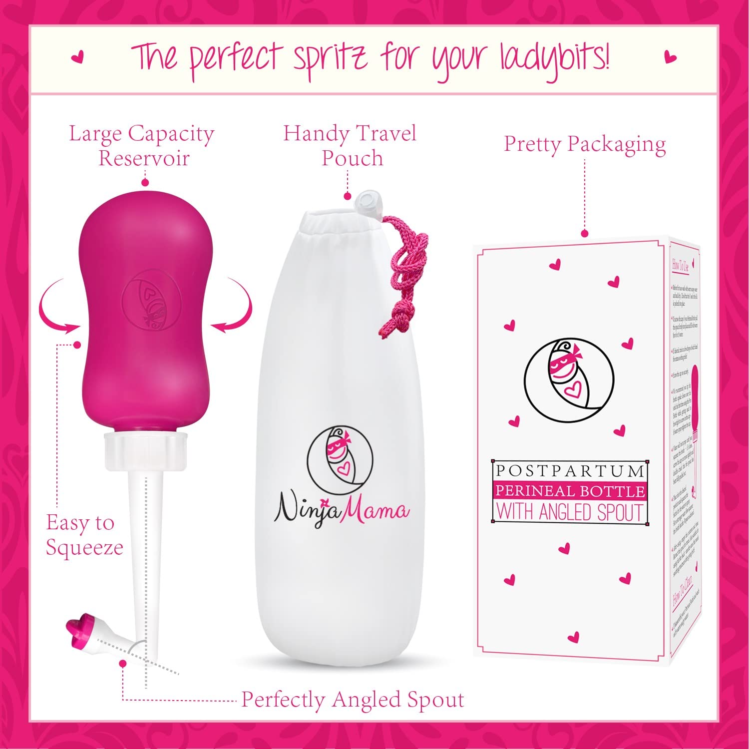 Ninja Mama Peri Bottle for Postpartum Care Post Partum Essentials for Pain Relief, Tears & Hemorrhoids After Birth Portable Perineal Bottle with Angled Spout Labor & Delivery Hospital Bag. (355ml) Ninja Mama uk supplements