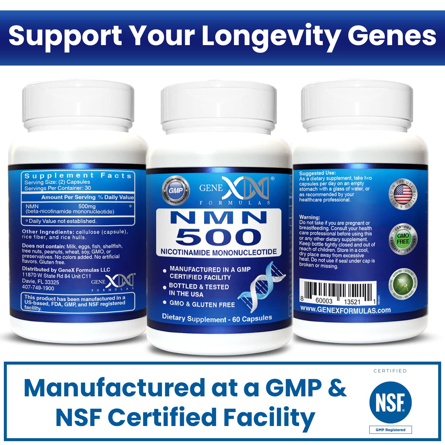 Genex Formulas NMN 500mg - 99% Pure Shelf Stabilized Supplement Capsules for Increased NAD Levels & Healthy Aging, GMP Certified, 500mg per Serving, 60 Capsules Genex Formulas uk supplements