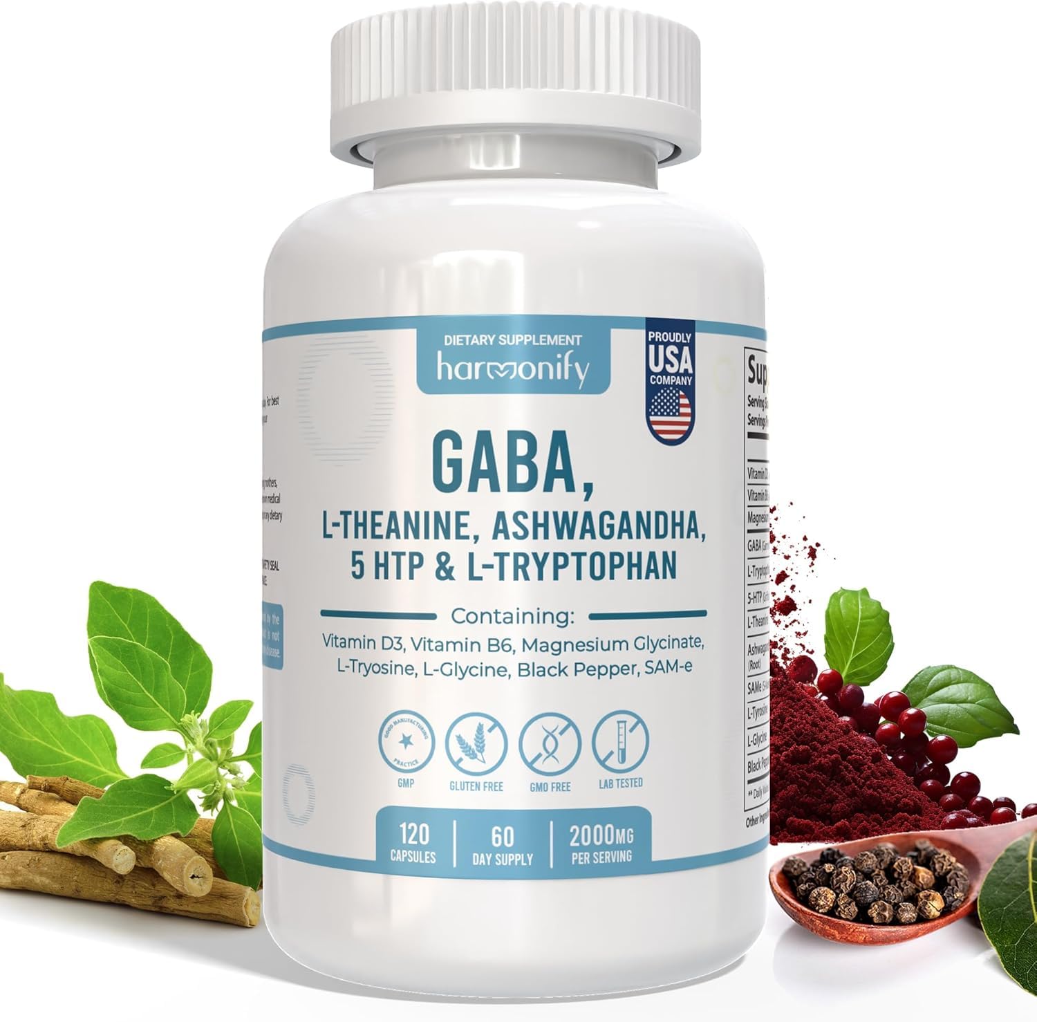 HARMONIFY GABA L-Theanine Supplements with Magnesium Glycinate, Ashwagandha, Same, 5-HTP and L-Tryptophan, 12 in 1 Supplements, 120 Capsules, 2000 mg HARMONIFY uk supplements