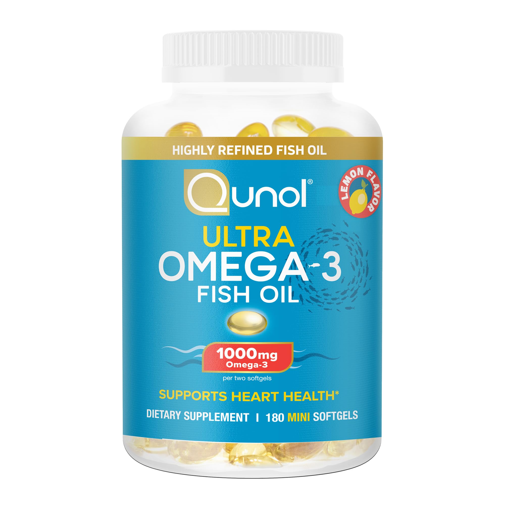Qunol Fish Oil Omega 3 Mini Softgels, 1000mg Omega 3 EPA + DHA, Ultra Pure Supplements, Heart Health Support, Lemon Flavor, Easy to Swallow Minis, 3 Month Supply, 180 Count Qunol uk supplements