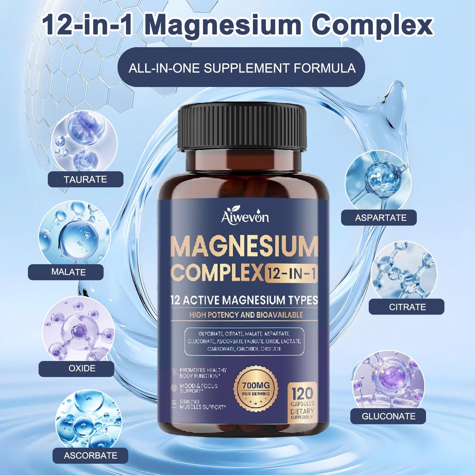Magnesium Complex 700mg, 12 in 1 Magnesium Supplement with Glycinate, Citrate, Malate, Oxide, Taurate & Orotate, High Absorption Magnesium for Sleep, Muscle, Nerve & Heart Support, Vegan, 120 Capsules Aiwevon uk supplements