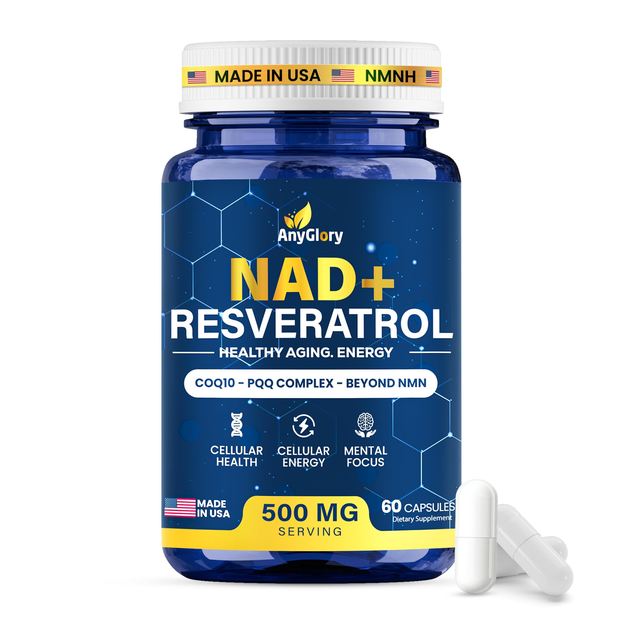 Anyglory NAD+ Supplement with 500mg NR, Resveratrol, CoQ10, PQQ- 5-in-1 NAD Formula |NMN Supplement Alternative|NAD Resveratrol Support Cellular Energy & Healthy Aging-Made in USA-60 Capsules Anyglory uk supplements