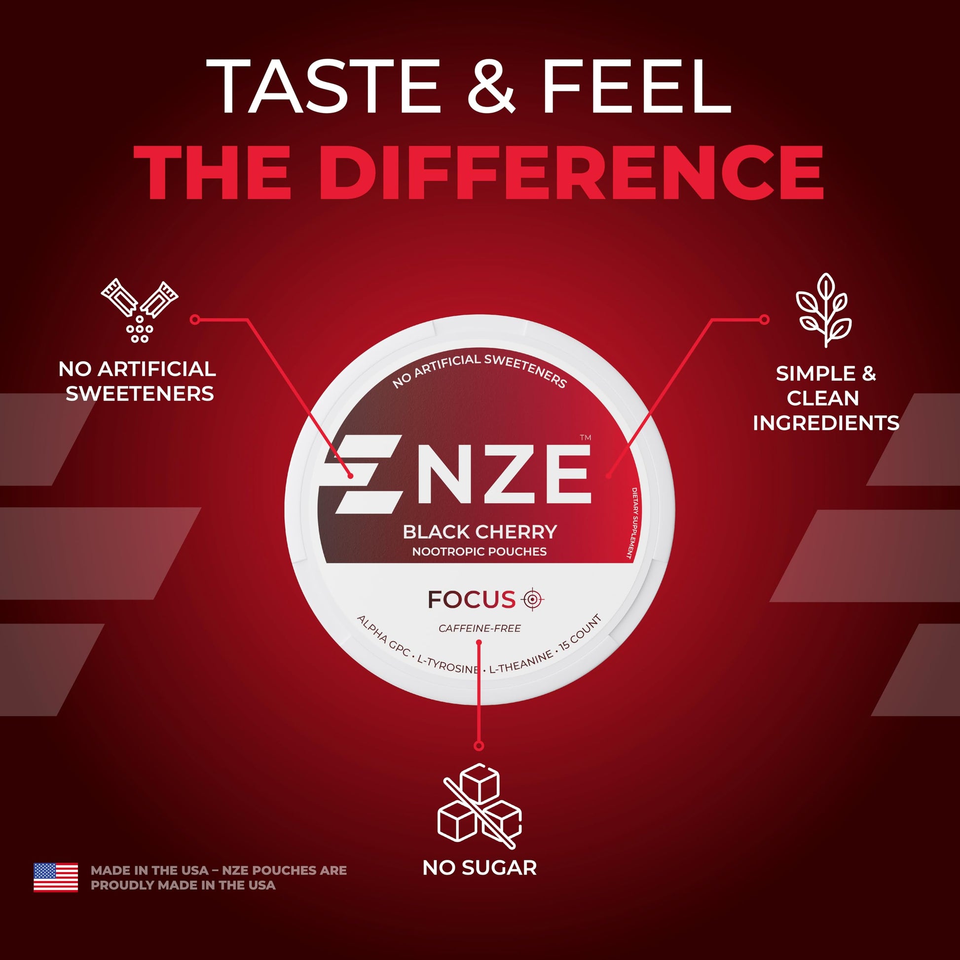 NZE Caffeine Free Nootropic Pouches (Black Cherry) - Nootropic Pouches with Alpha GPC, L-Tyrosine & L-Theanine - No Sugar or Artificial Sweeteners - 15 Pouches Per Can - 5 Pack NZE uk supplements