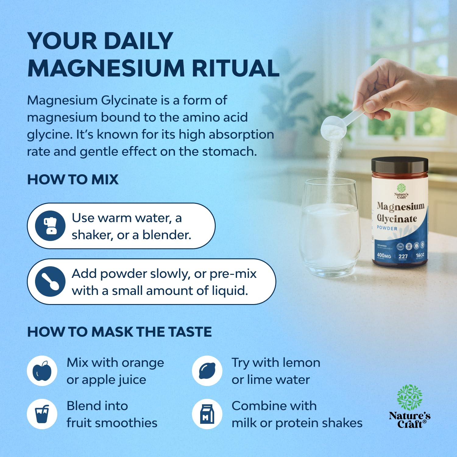 Potent Magnesium Glycinate Powder 400mg - Calm Magnesium Powder Bulk for Muscle Relax, Calm & Sleep Support for Adults - Glycinate Mag Soothe Vegan & Non-GMO Supplement - 1 Pack Natures Craft uk supplements