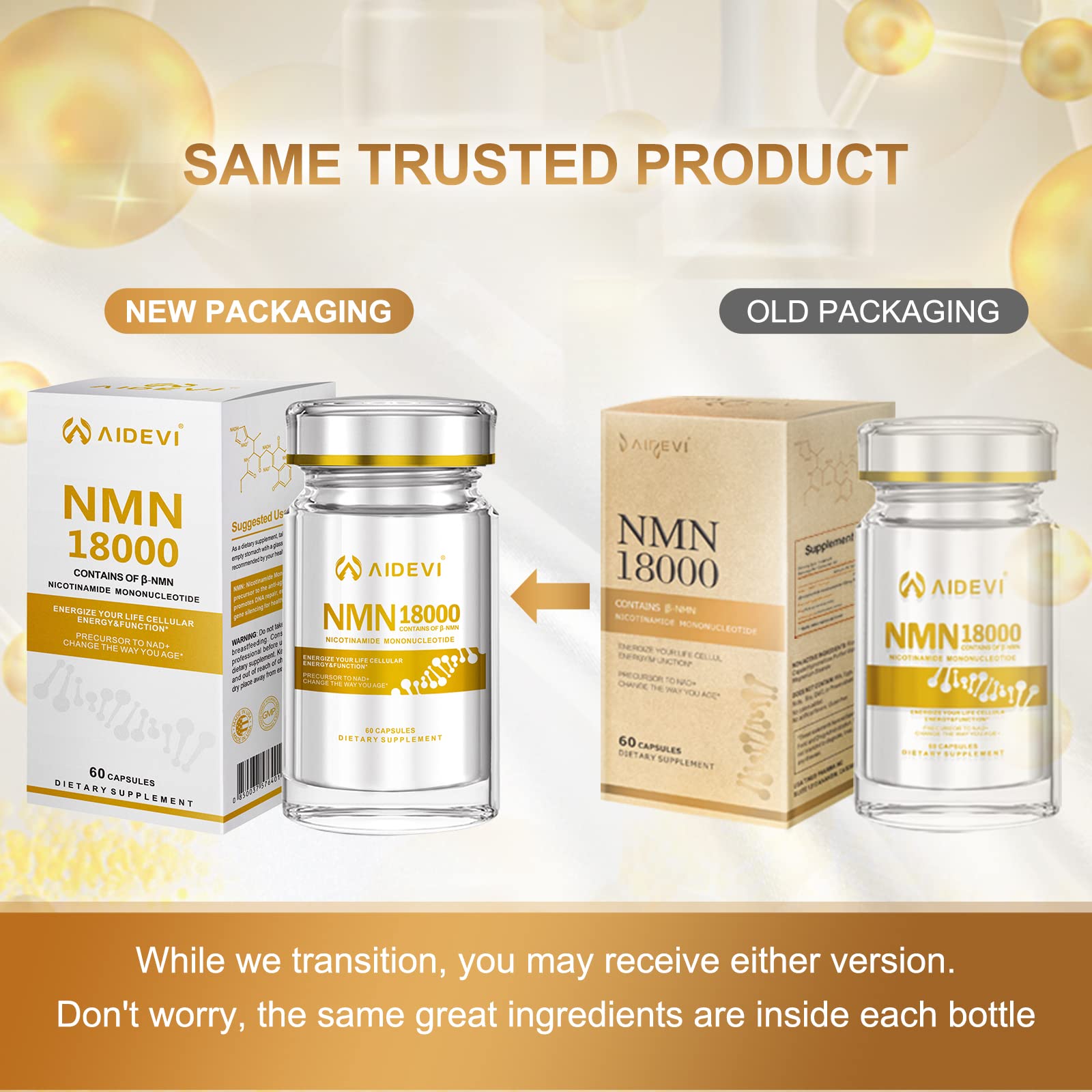 AIDEVI NMN 18000 - Nicotinamide Mononucleotide Supplement with Resveratrol, Stabilized Form & 99% High Purity to Boost NAD+ Levels for DNA Repair Supplement, for Healthy Aging, 60 Capsules AIDEVI uk supplements